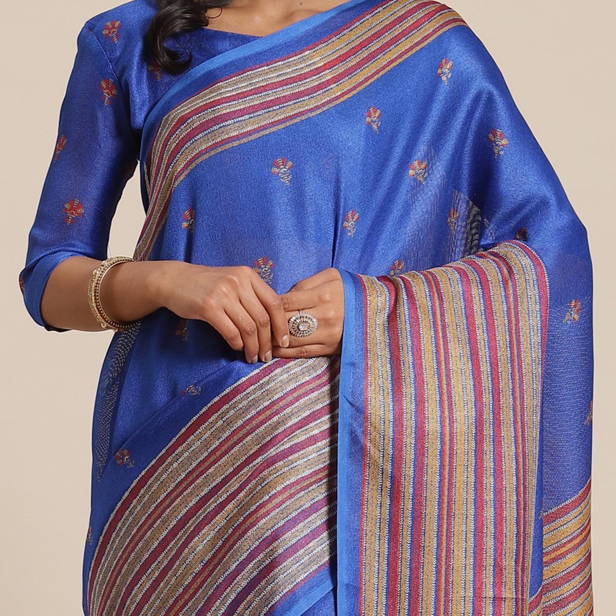 Lovely Blue Colored Casual Wear Printed Jute Silk Saree - Peachmode