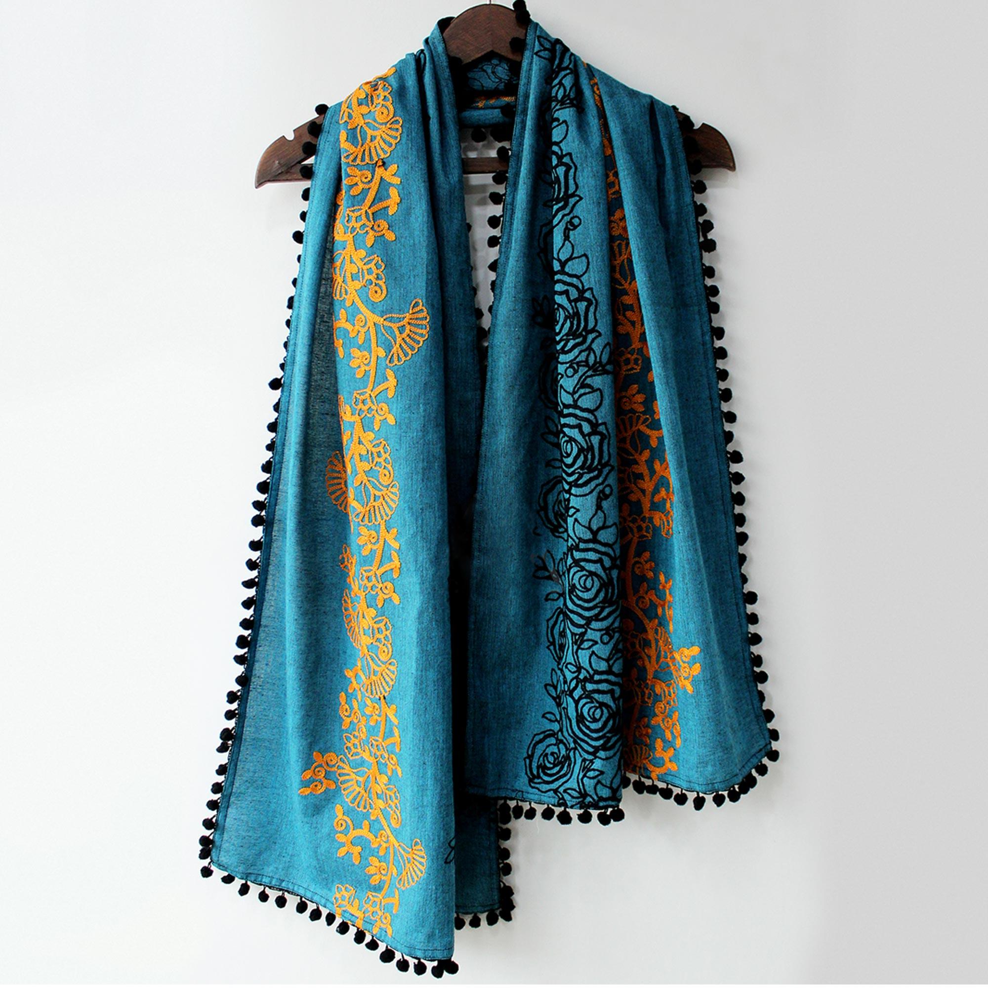 Lovely Blue Colored Embroidered Linen Stole - Peachmode