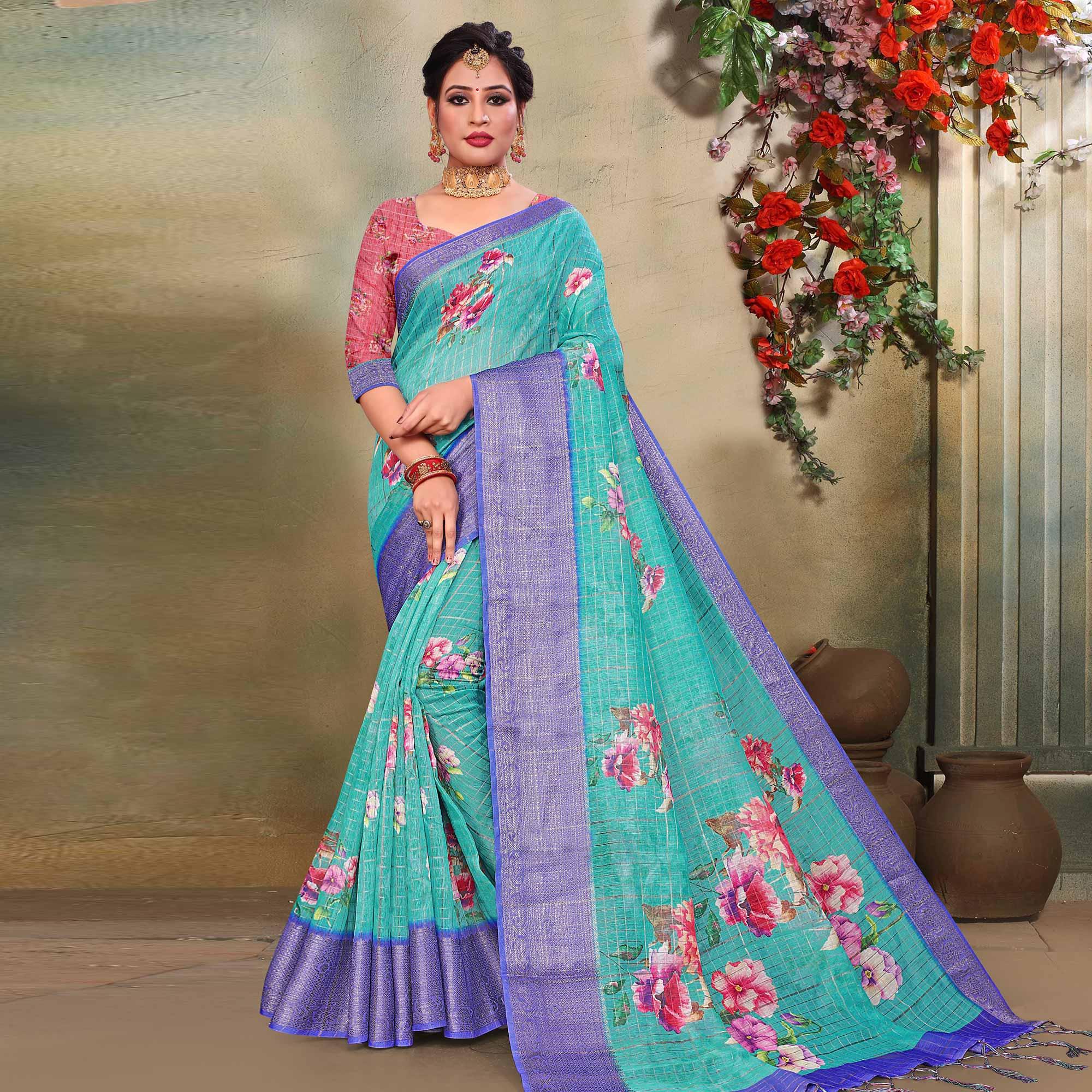 Lovely Blue Colored Festive Wear Digital Printed Linen Saree - Peachmode