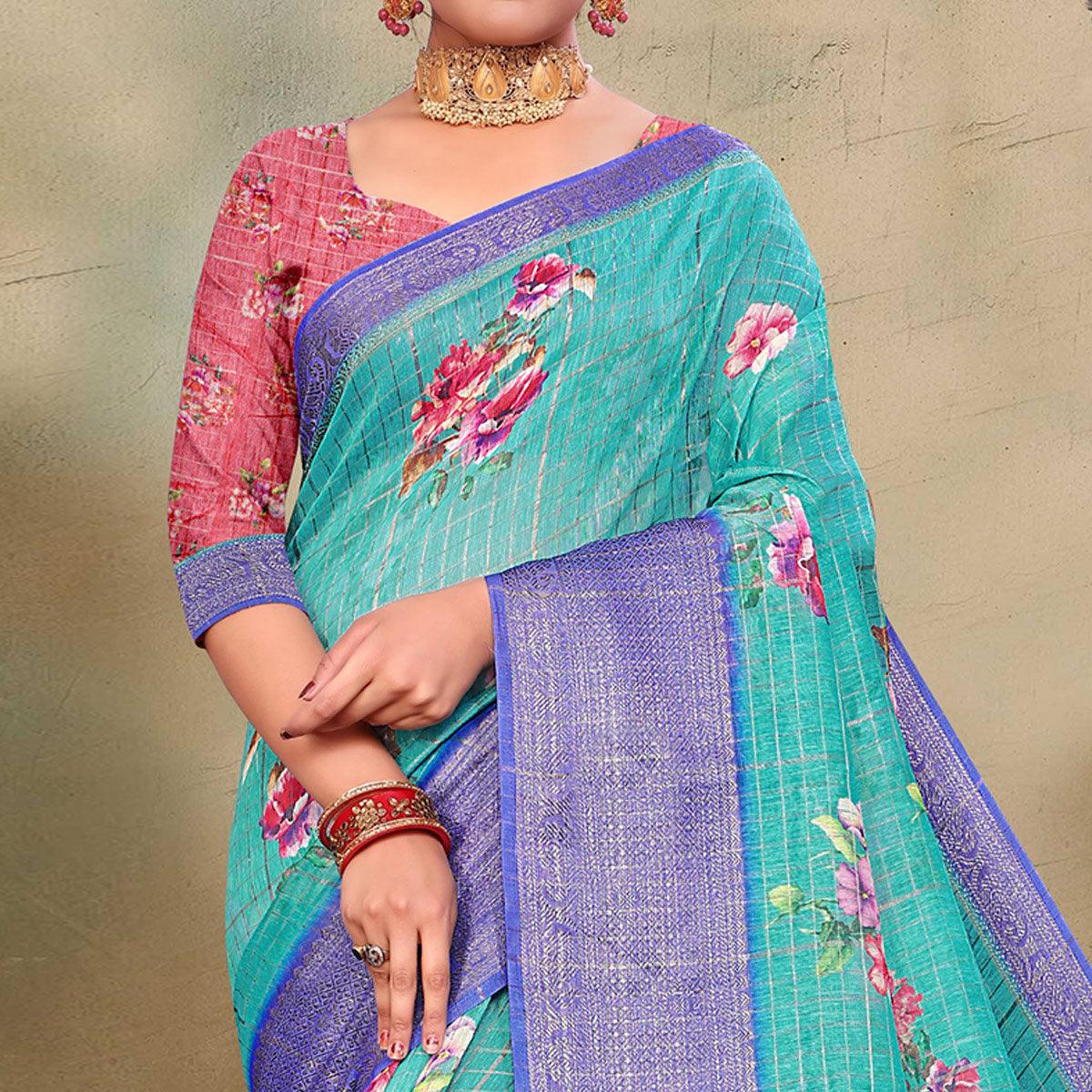 Lovely Blue Colored Festive Wear Digital Printed Linen Saree - Peachmode