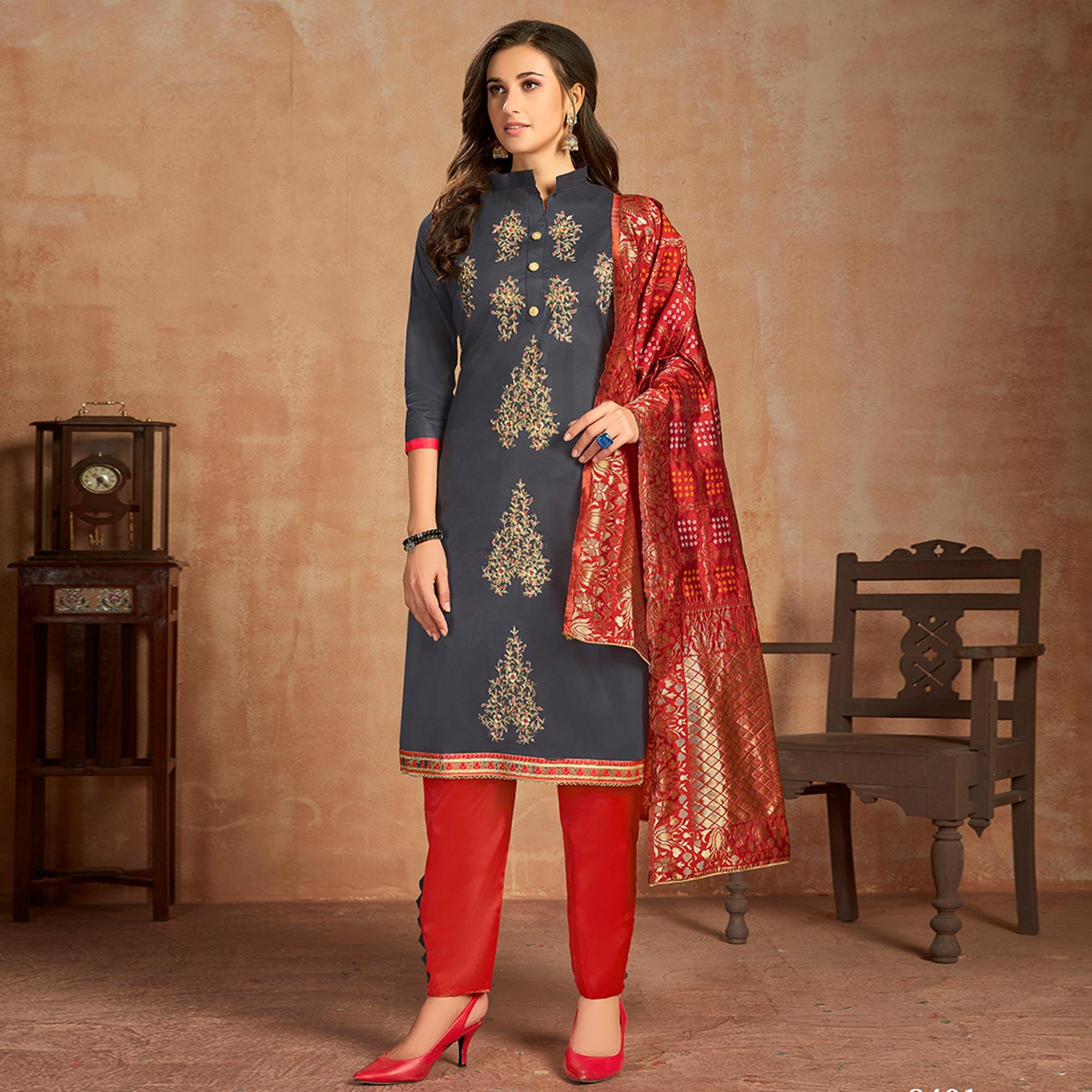 Lovely Blue Colored Partywear Embroidered Pure Cotton Dress Material