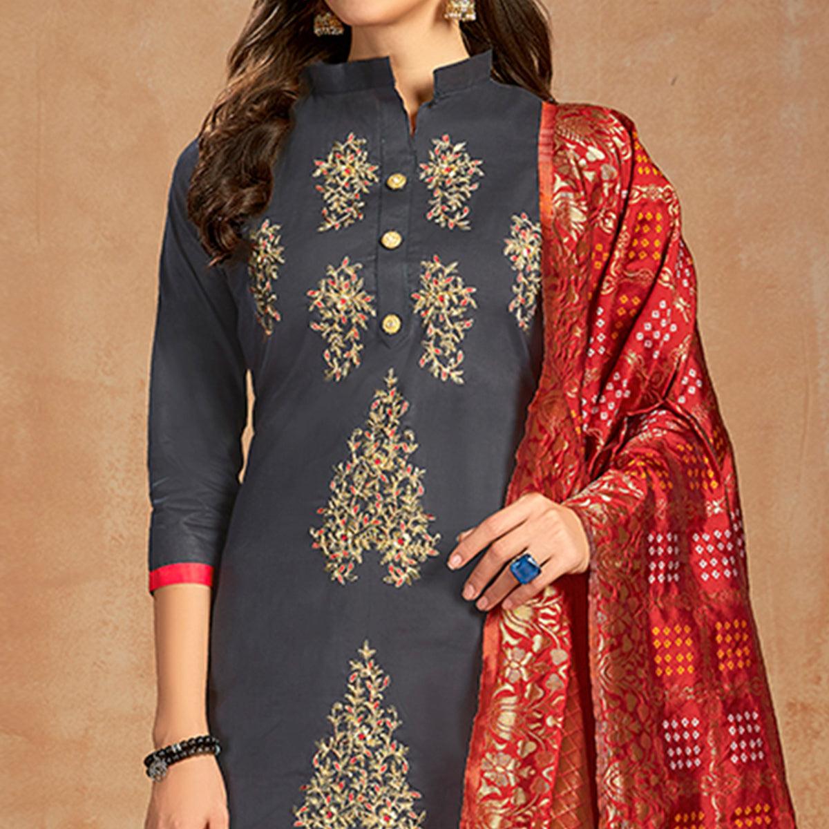 Lovely Blue Colored Partywear Embroidered Pure Cotton Dress Material