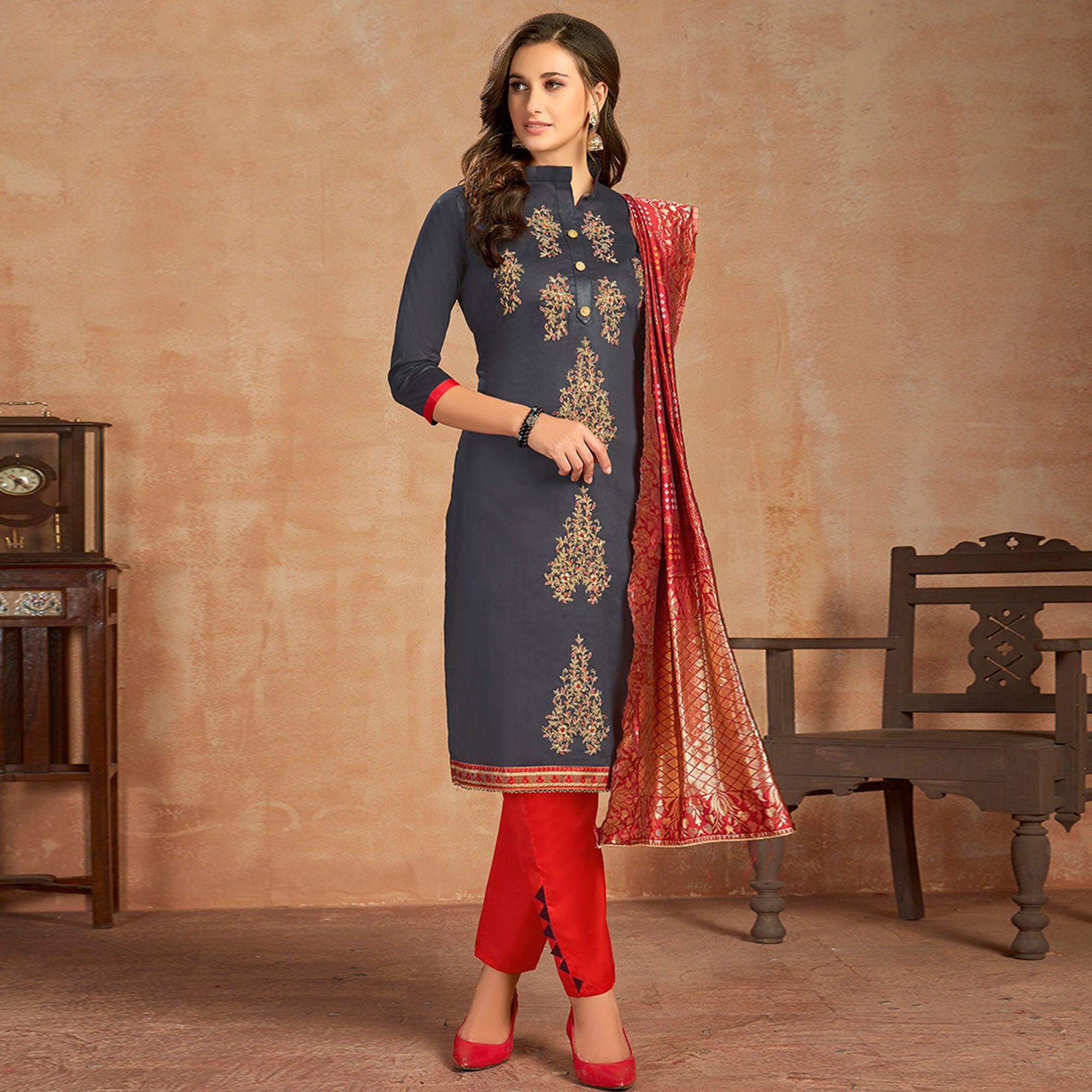 Lovely Blue Colored Partywear Embroidered Pure Cotton Dress Material - Peachmode