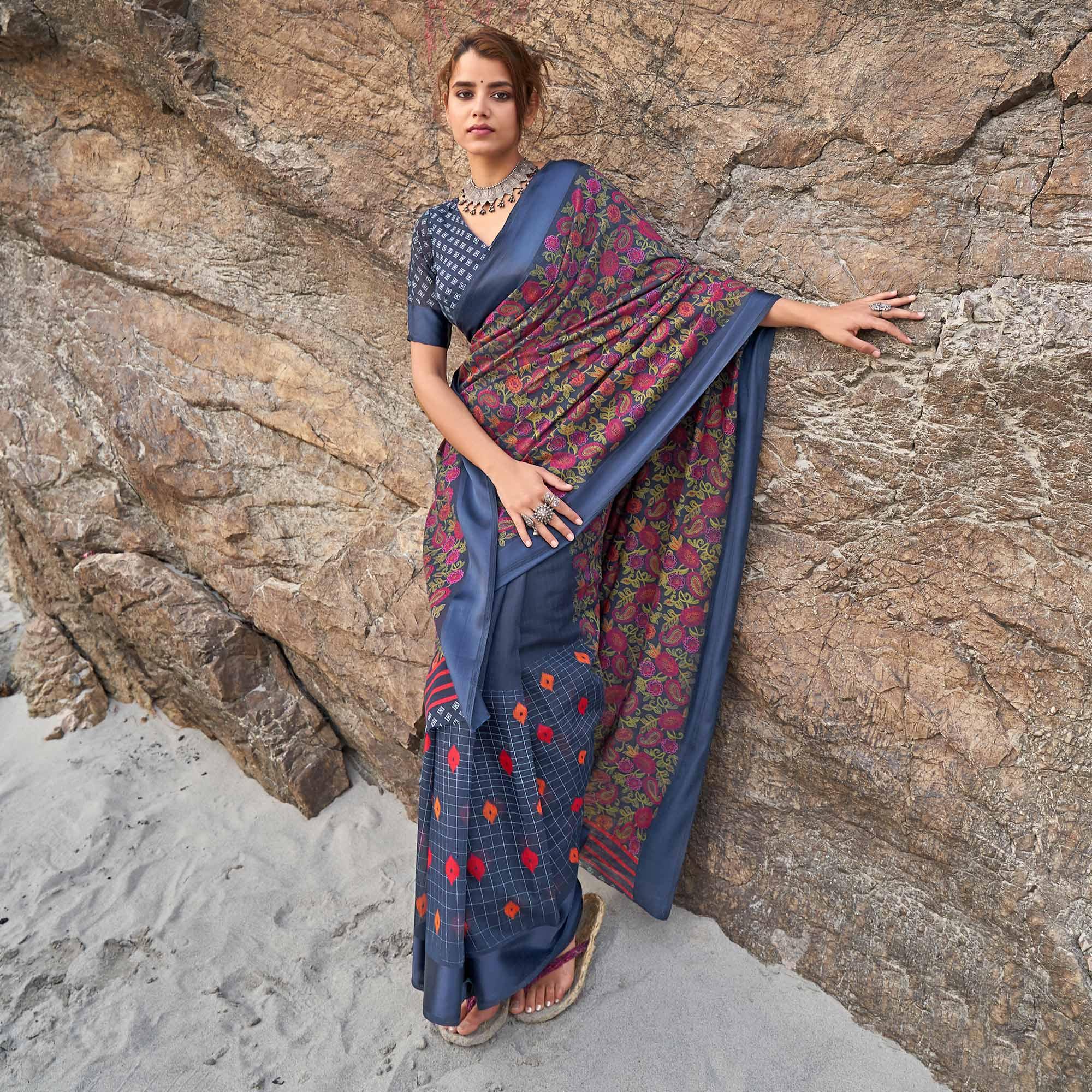 Lovely Blue Coloured Casual Wear Printed Linen Saree - Peachmode