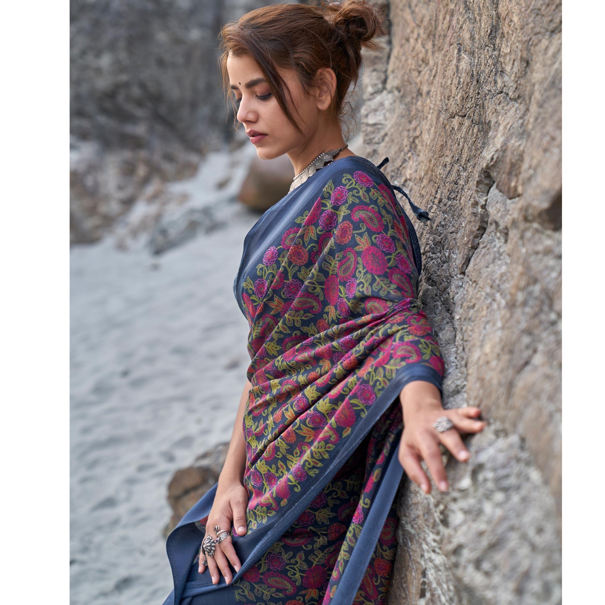 Lovely Blue Coloured Casual Wear Printed Linen Saree - Peachmode