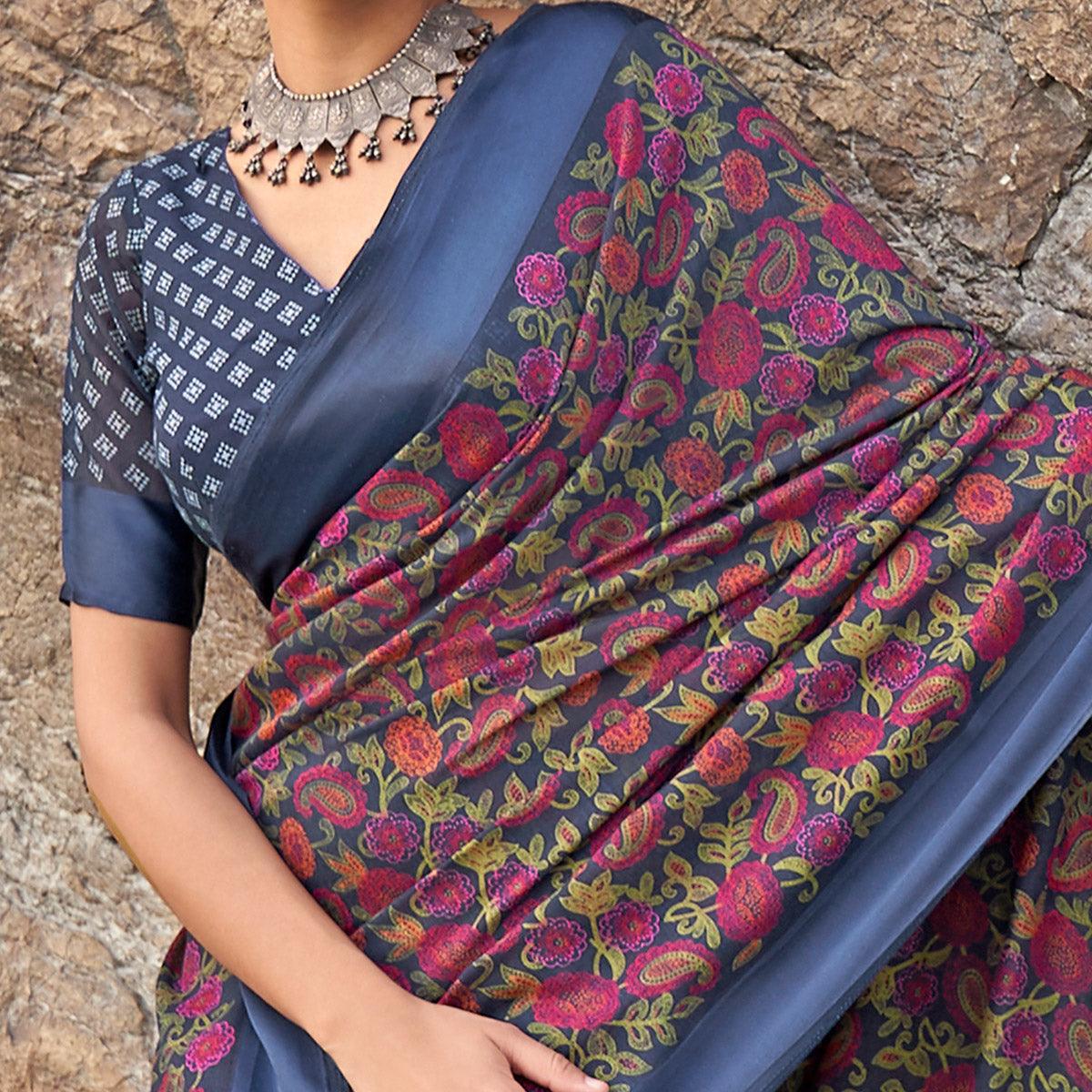 Lovely Blue Coloured Casual Wear Printed Linen Saree - Peachmode