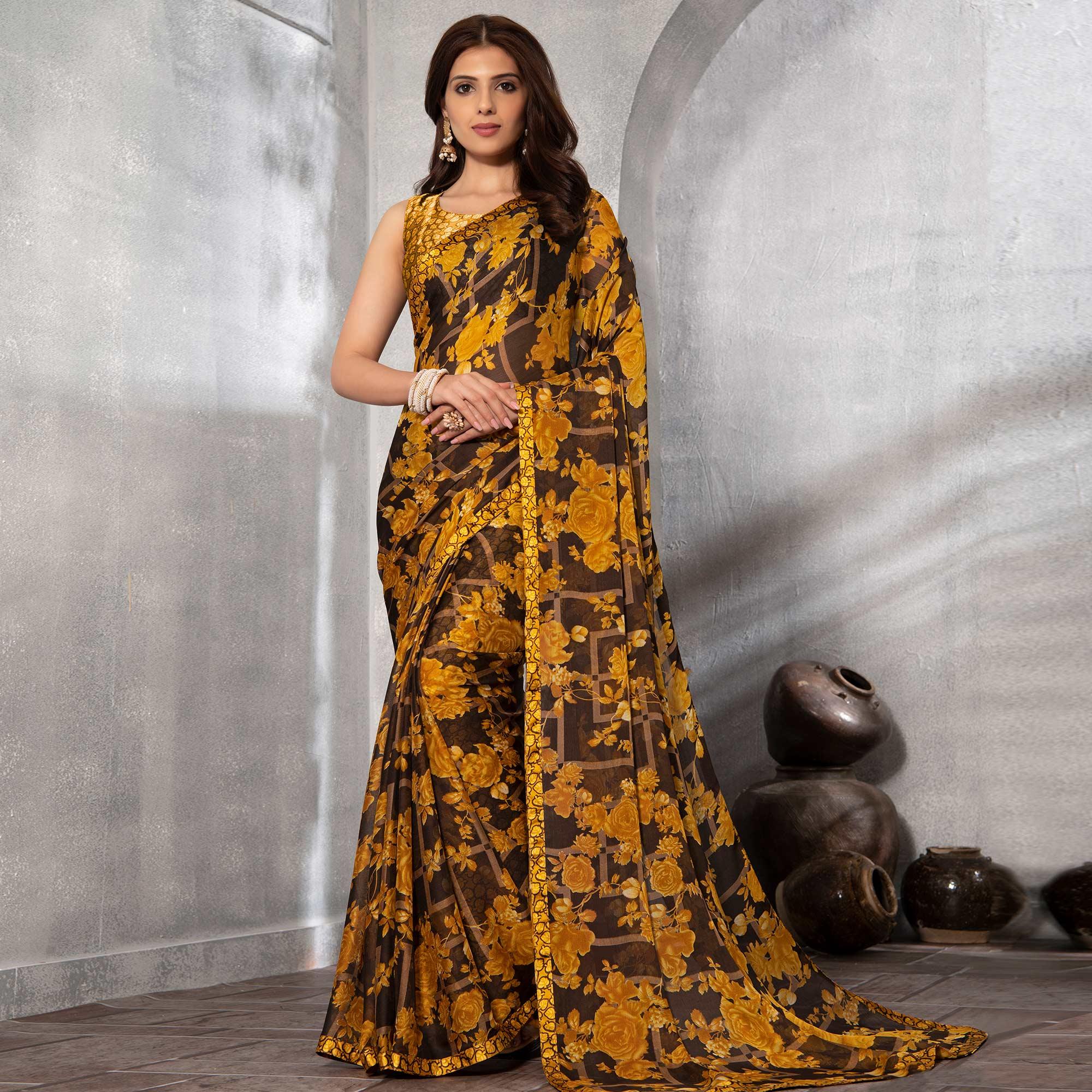 Lovely Brown - Yellow Colored Casual Floral Printed Chiffon Saree - Peachmode