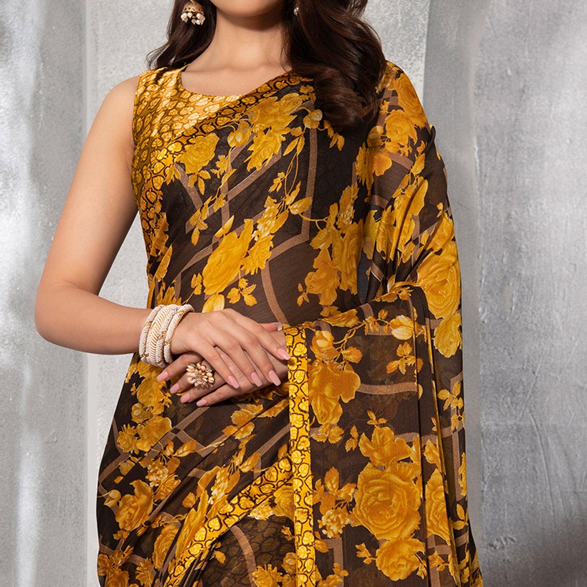 Lovely Brown - Yellow Colored Casual Floral Printed Chiffon Saree - Peachmode