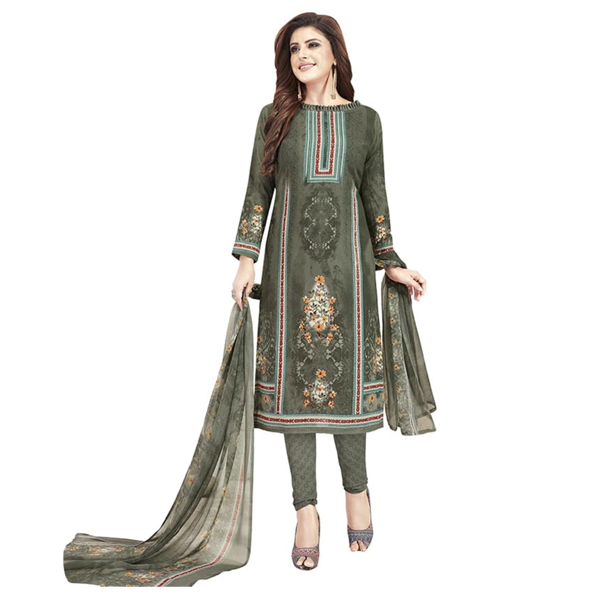 Lovely Dark Grey Colored Casual Printed Crepe Churidar Dress Material - Peachmode