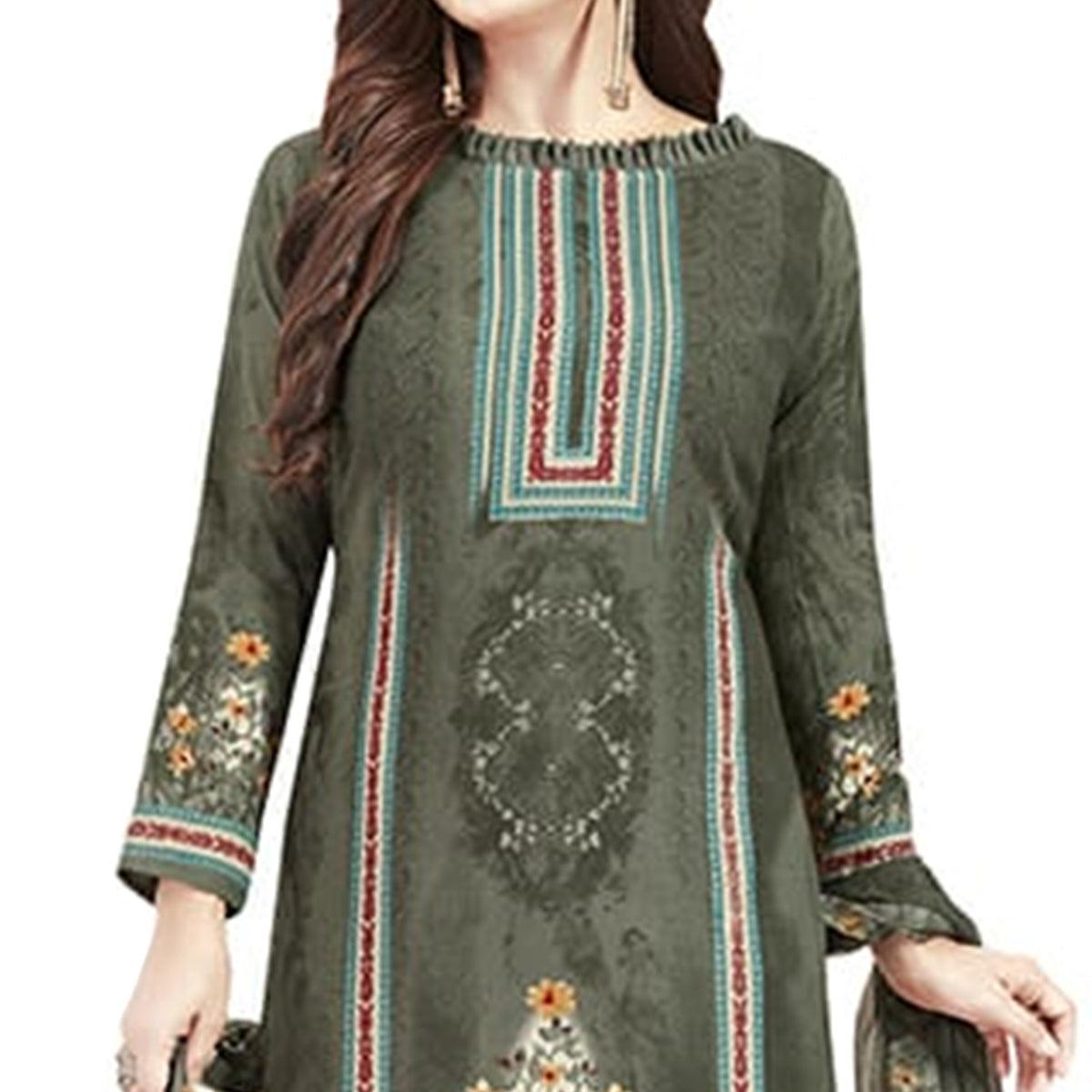 Lovely Dark Grey Colored Casual Printed Crepe Churidar Dress Material - Peachmode