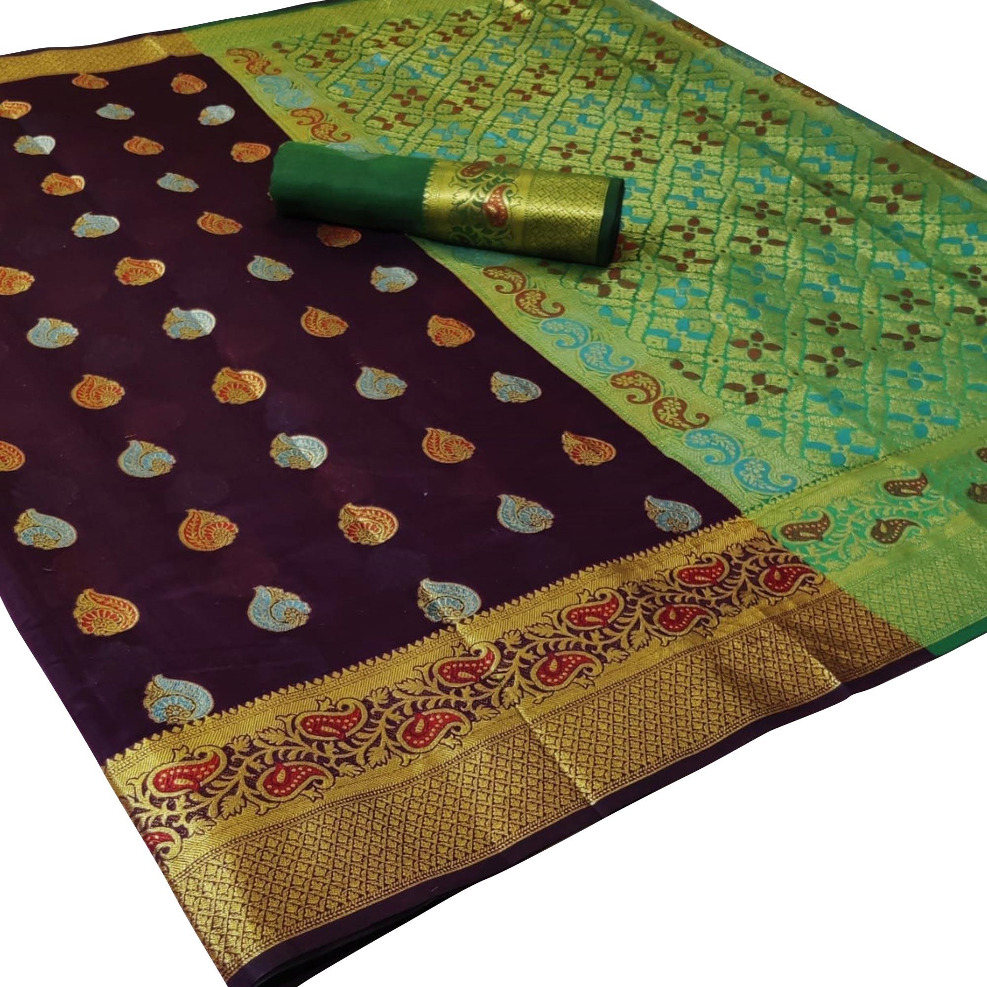 Lovely Dark Purple Colored Festive Wear Woven Cotton Saree - Peachmode
