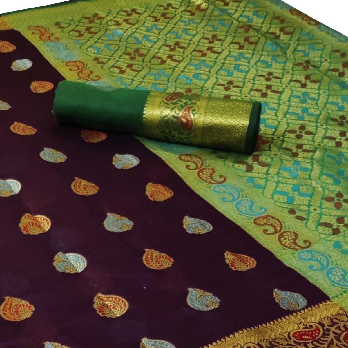 Lovely Dark Purple Colored Festive Wear Woven Cotton Saree - Peachmode