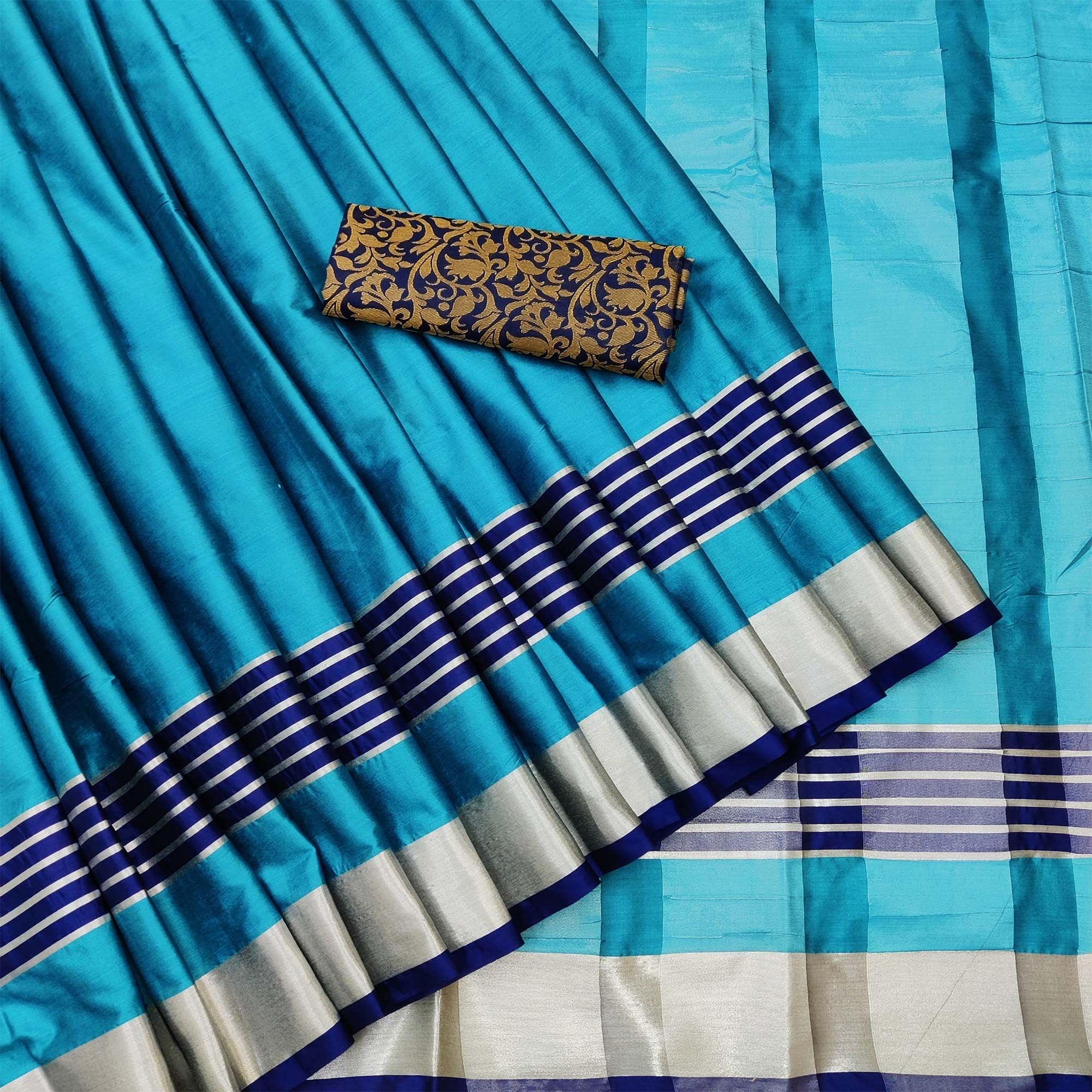 Lovely Ferozi Coloured Casual Wear Zari Border Cotton Saree - Peachmode