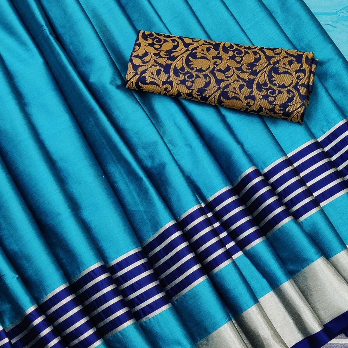 Lovely Ferozi Coloured Casual Wear Zari Border Cotton Saree - Peachmode
