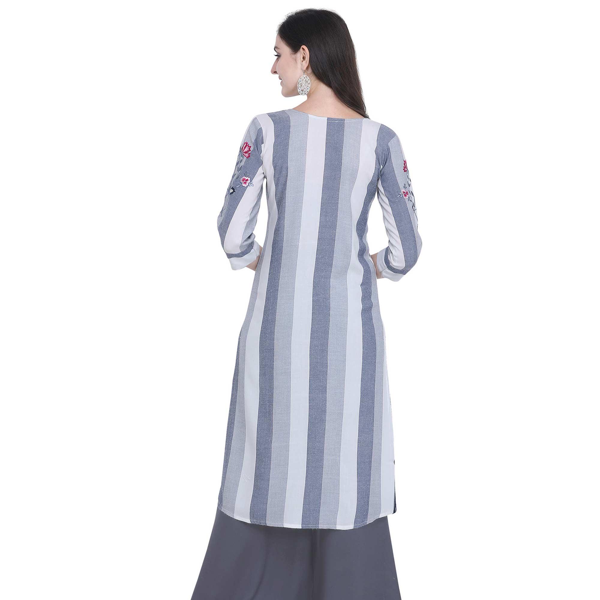Lovely Gray Colored Casual Embroidered Rayon Kurti - Peachmode