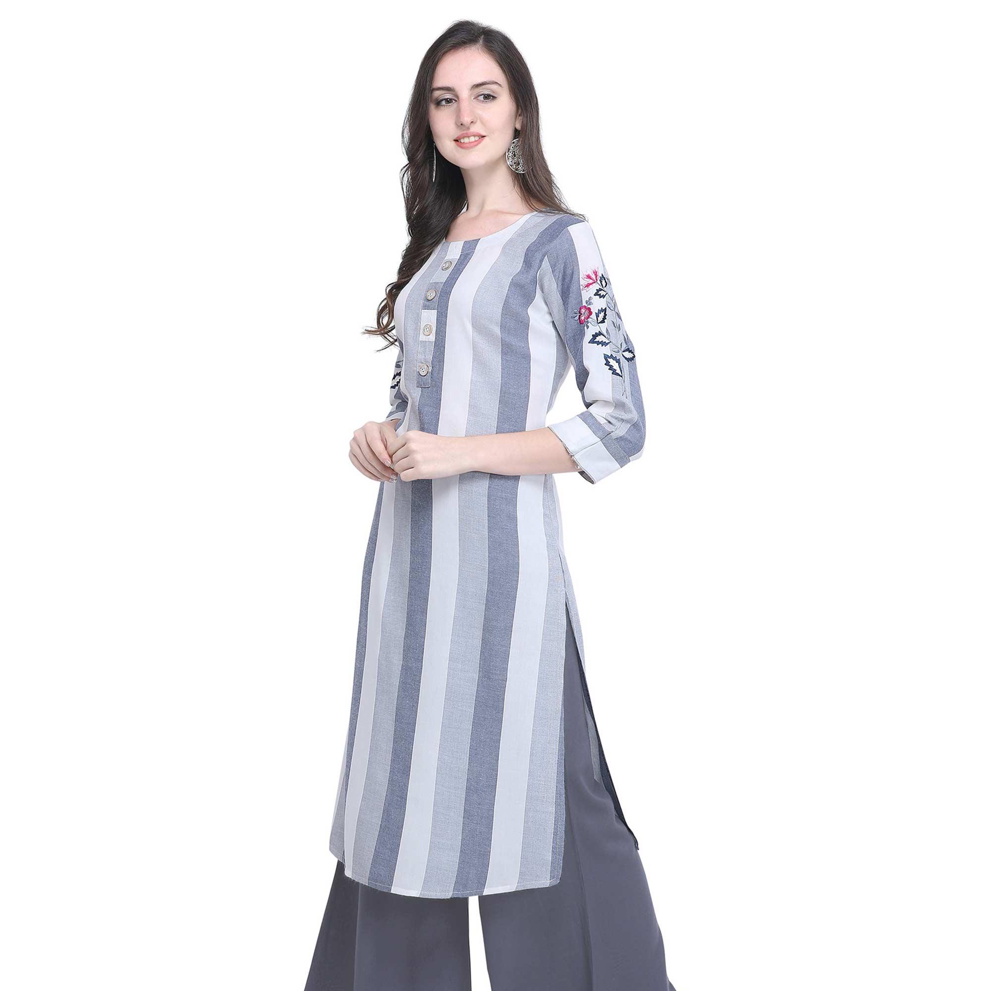Lovely Gray Colored Casual Embroidered Rayon Kurti - Peachmode