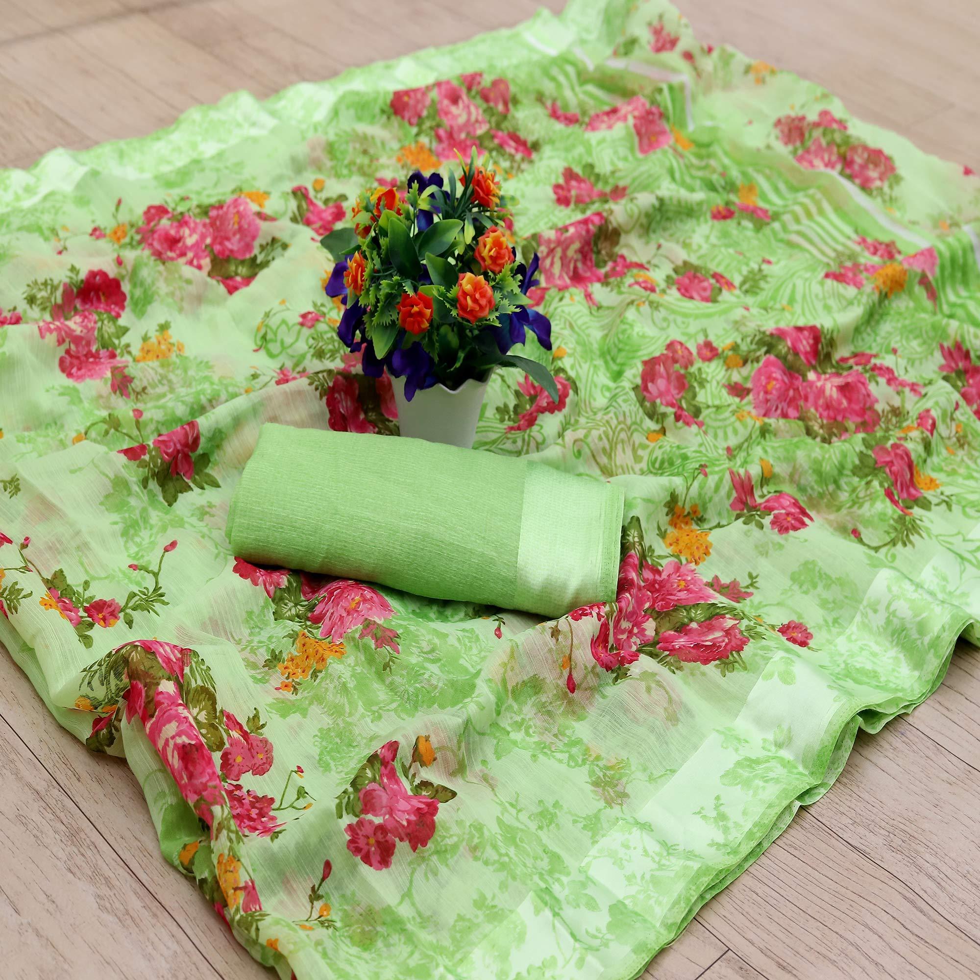 Lovely Green Colored Casual Wear Floral Printed Cotton Blend Saree - Peachmode