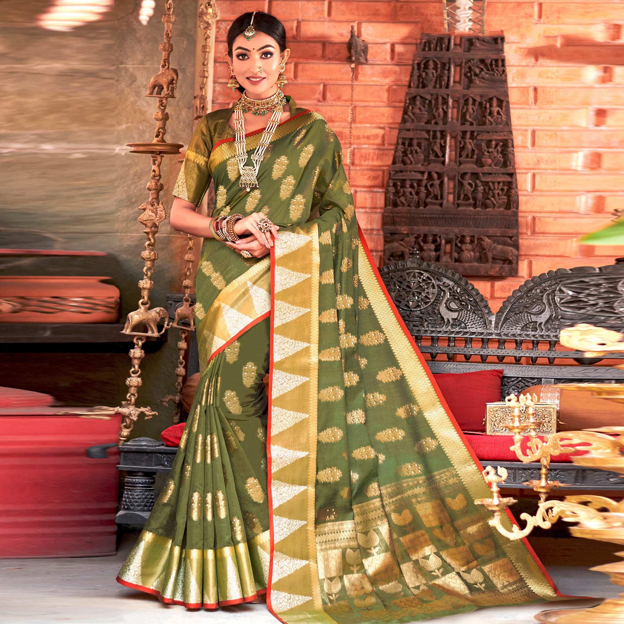 Lovely Green Colored Festive Wear Woven Cotton Handloom Saree - Peachmode