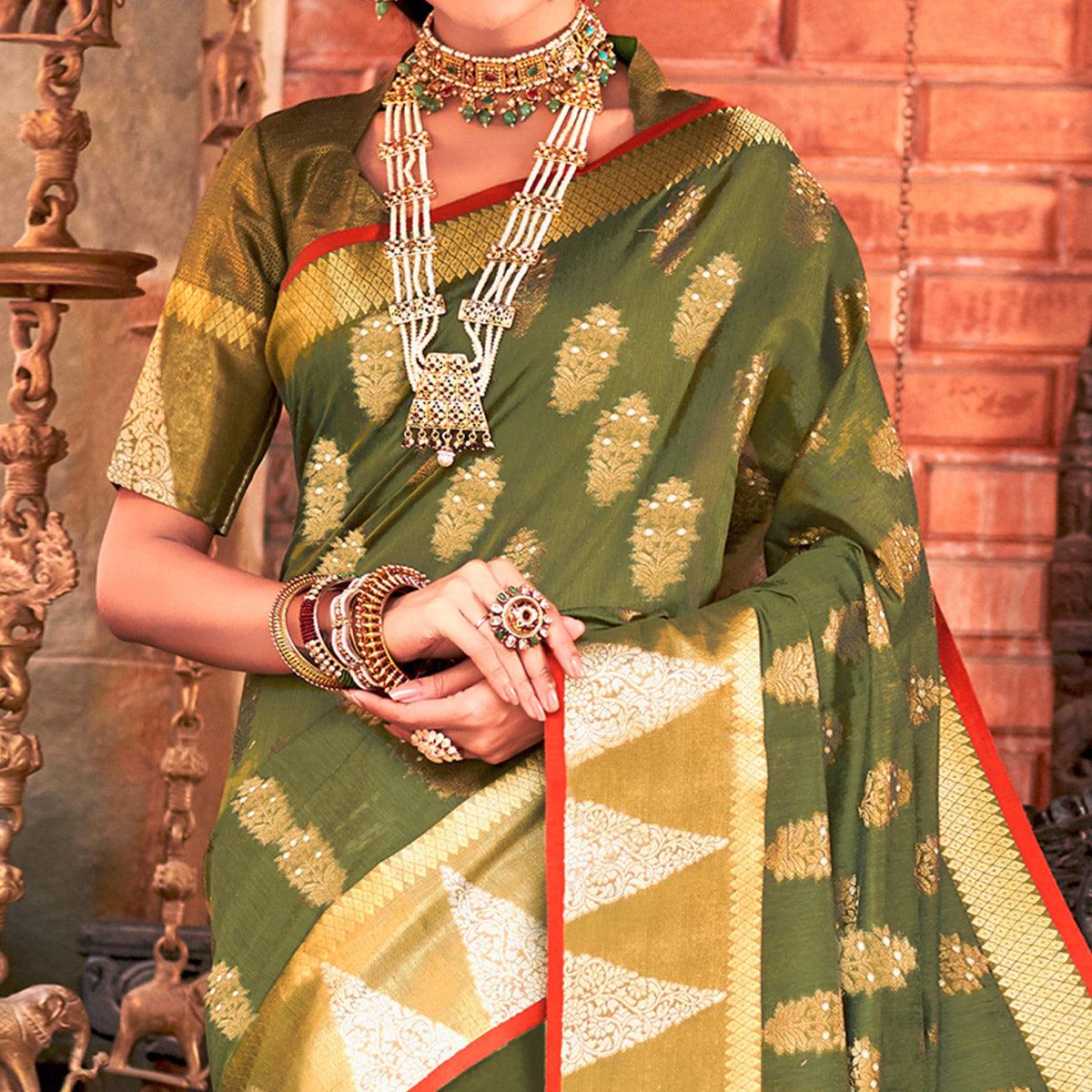 Lovely Green Colored Festive Wear Woven Cotton Handloom Saree - Peachmode