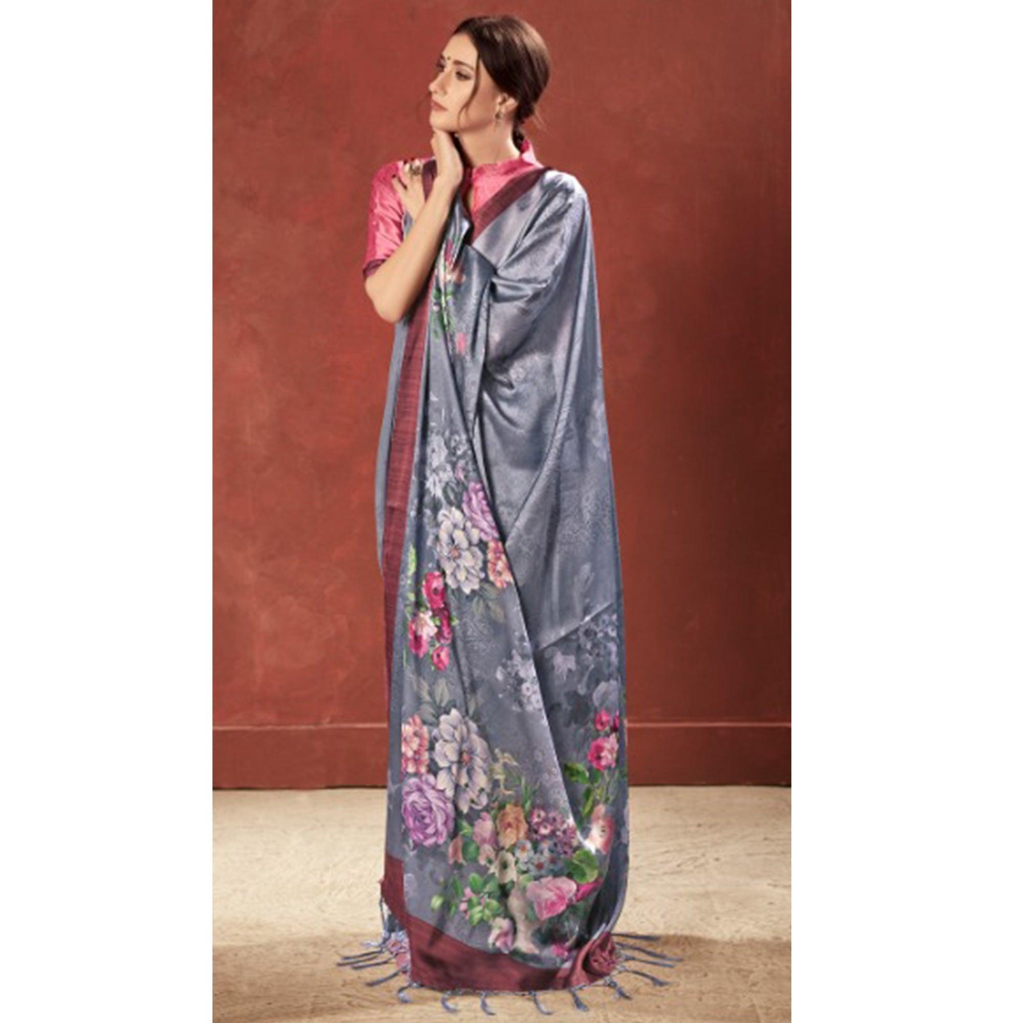 Lovely Grey Colored Casual Wear Printed Satin Crepe Saree With Tassels - Peachmode