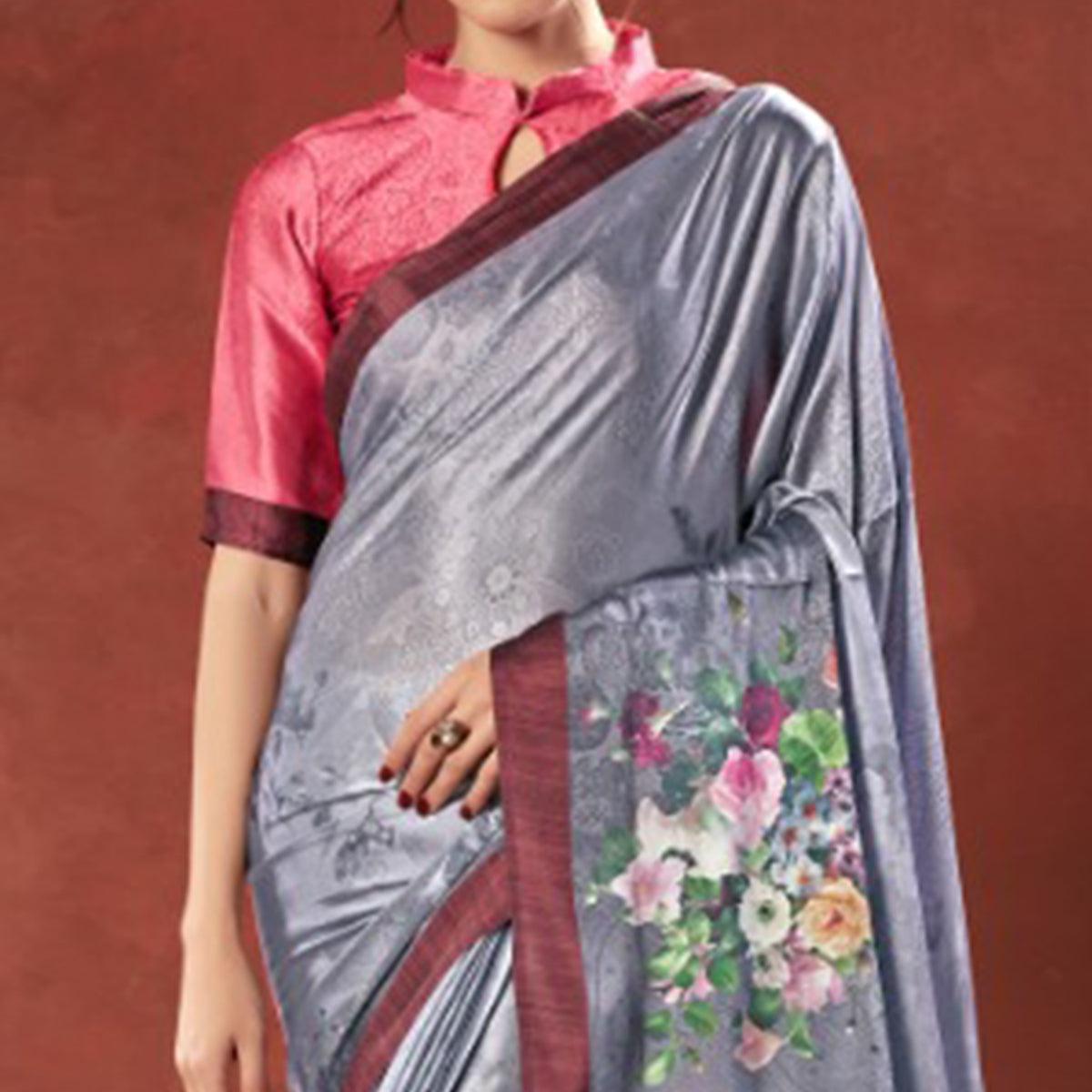 Lovely Grey Colored Casual Wear Printed Satin Crepe Saree With Tassels - Peachmode