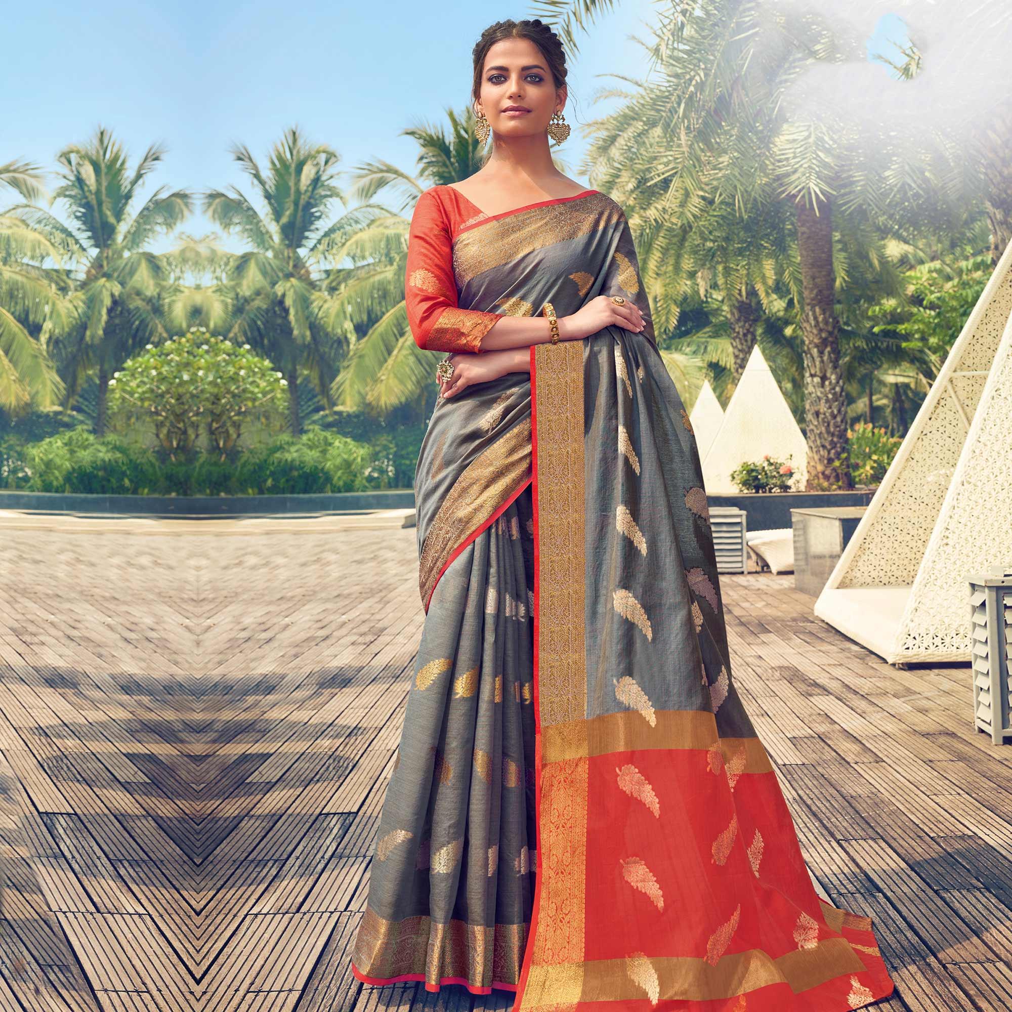 Lovely Grey Colored Festive Wear Woven Cotton Handloom Saree - Peachmode