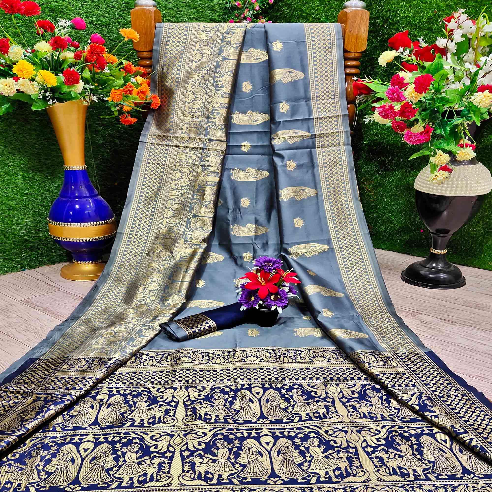 Lovely Grey Colored Festive Wear Woven Heavy Art Silk Saree - Peachmode