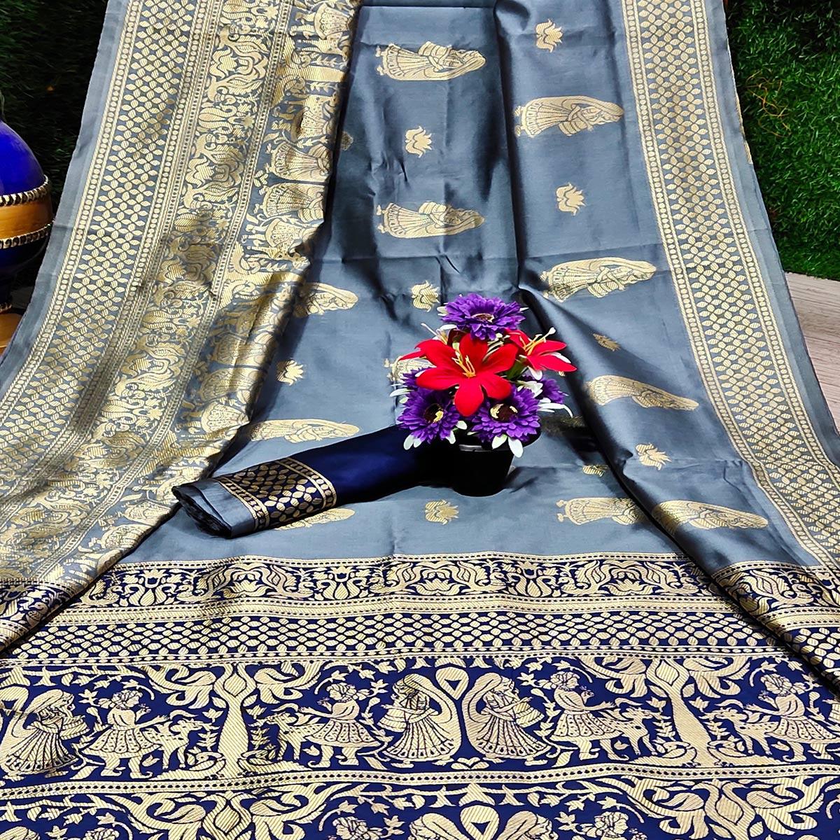 Lovely Grey Colored Festive Wear Woven Heavy Art Silk Saree - Peachmode