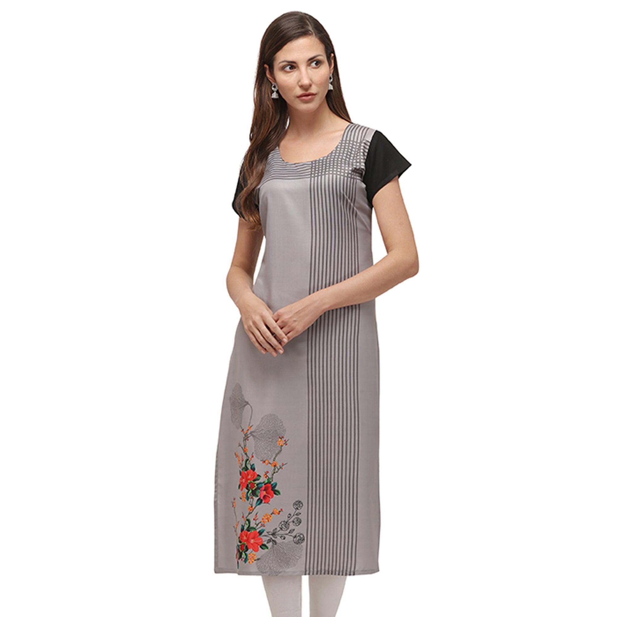 Lovely Grey Coloured Digital Printed Casual Wear Kurti - Peachmode
