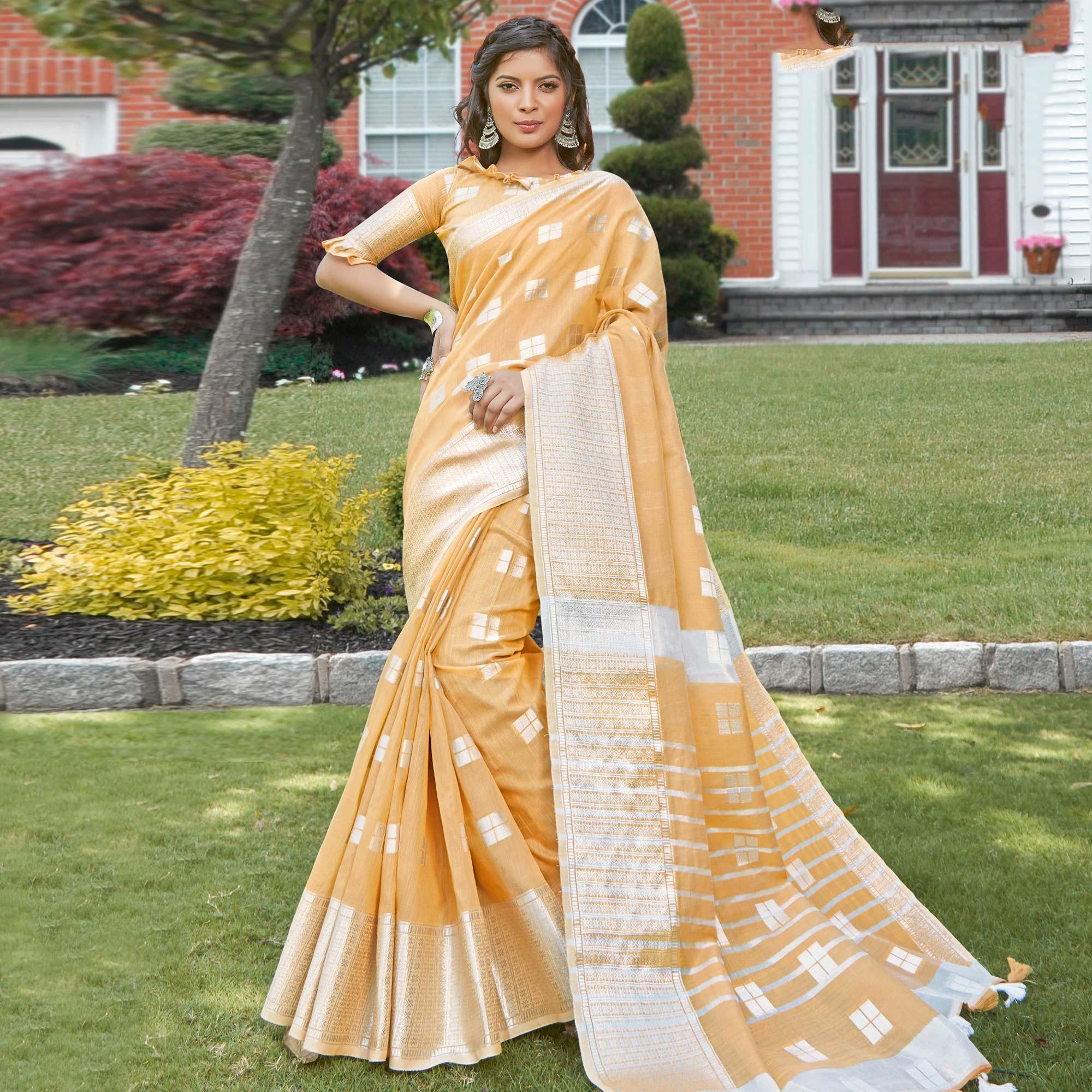 Lovely Light Orange Colored Festive Wear Woven Linen Cotton Sareee - Peachmode