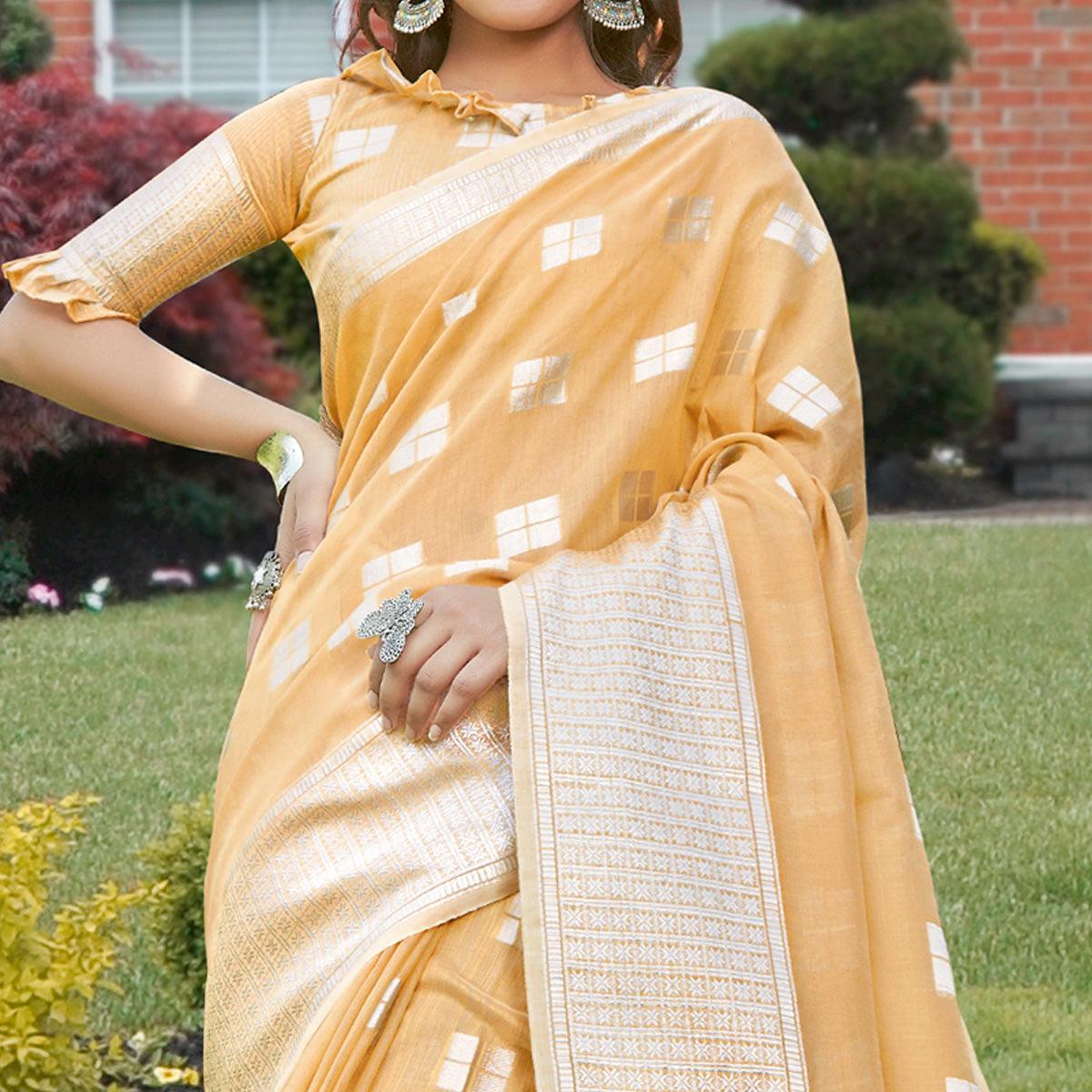Lovely Light Orange Colored Festive Wear Woven Linen Cotton Sareee - Peachmode
