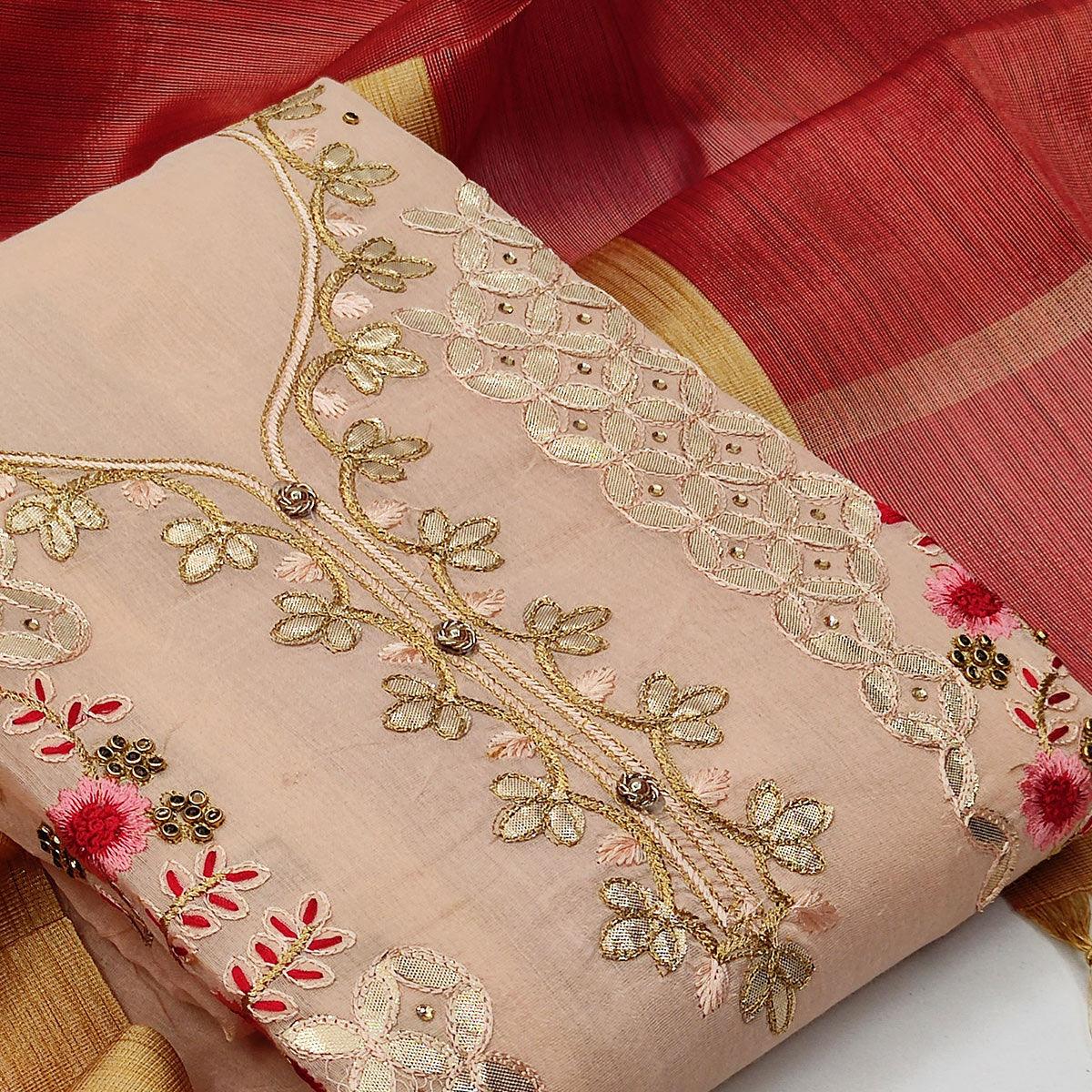 Lovely Light Peach Colored Casual Embroidered Modal Chanderi Dress Material - Peachmode