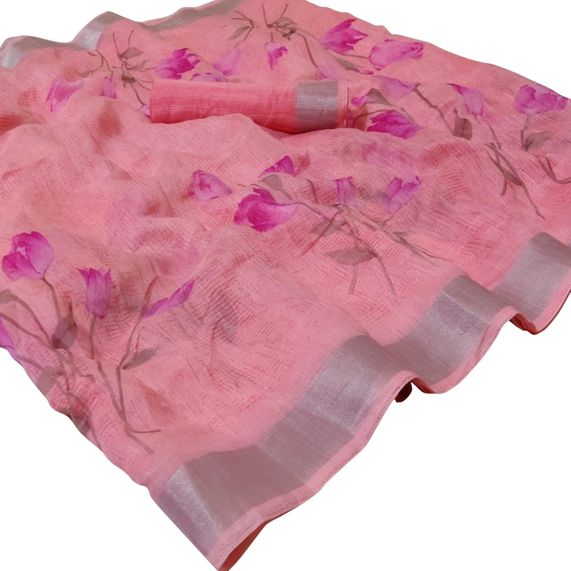Lovely Light Pink Colored Casual Floral Printed Linen Saree - Peachmode