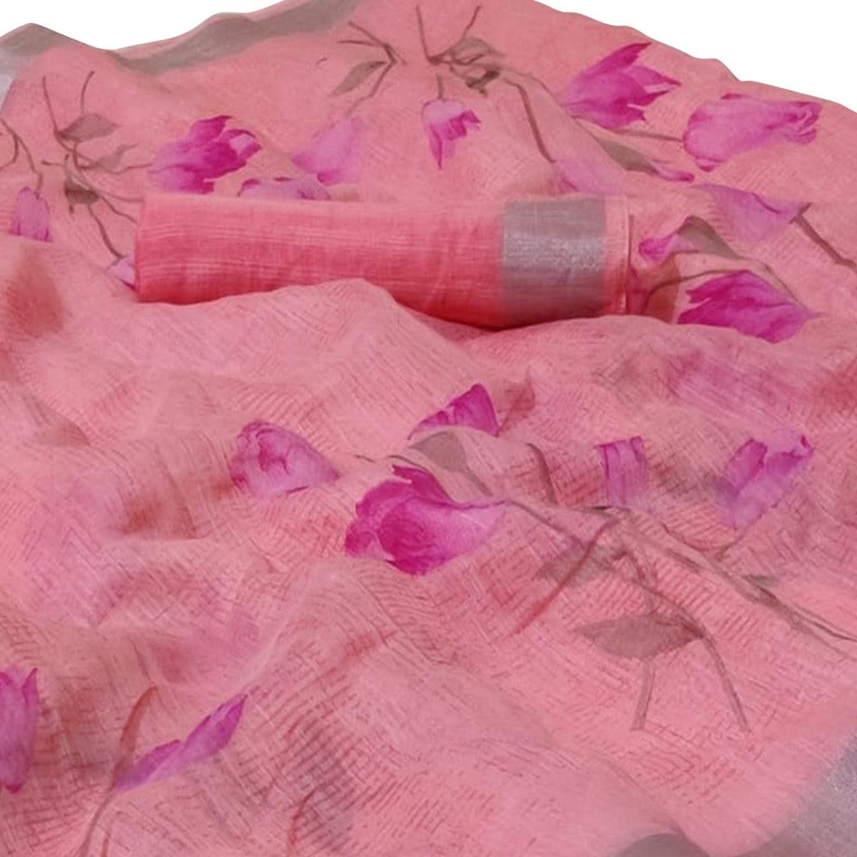 Lovely Light Pink Colored Casual Floral Printed Linen Saree - Peachmode