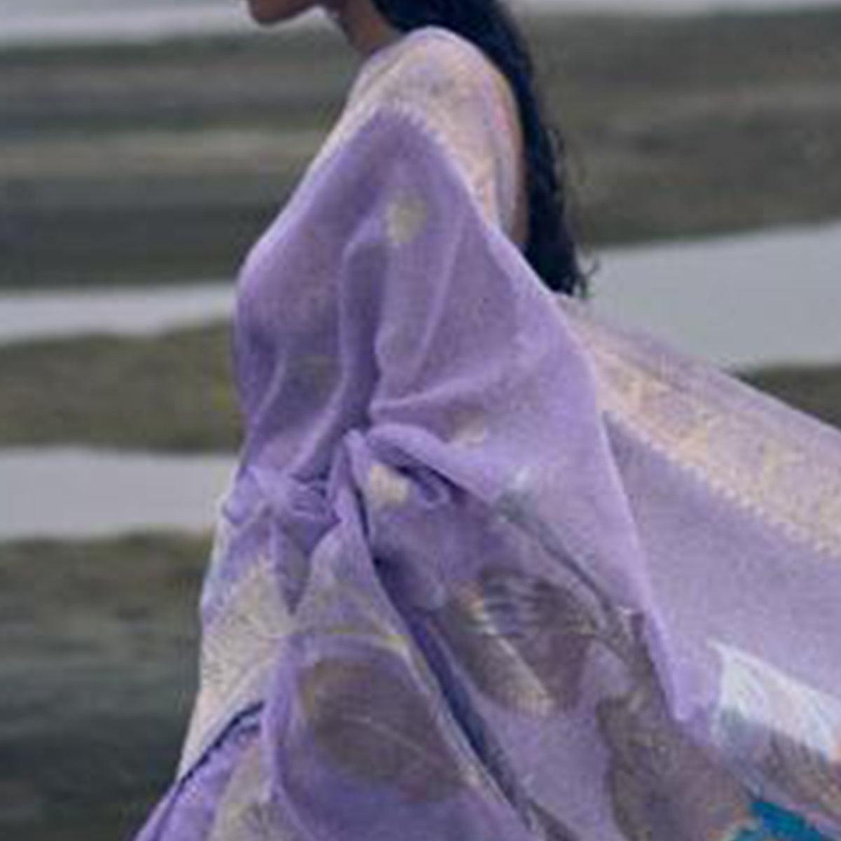 Lovely Light Purple Colored Festive Wear Woven Pure Linen Silk Saree - Peachmode