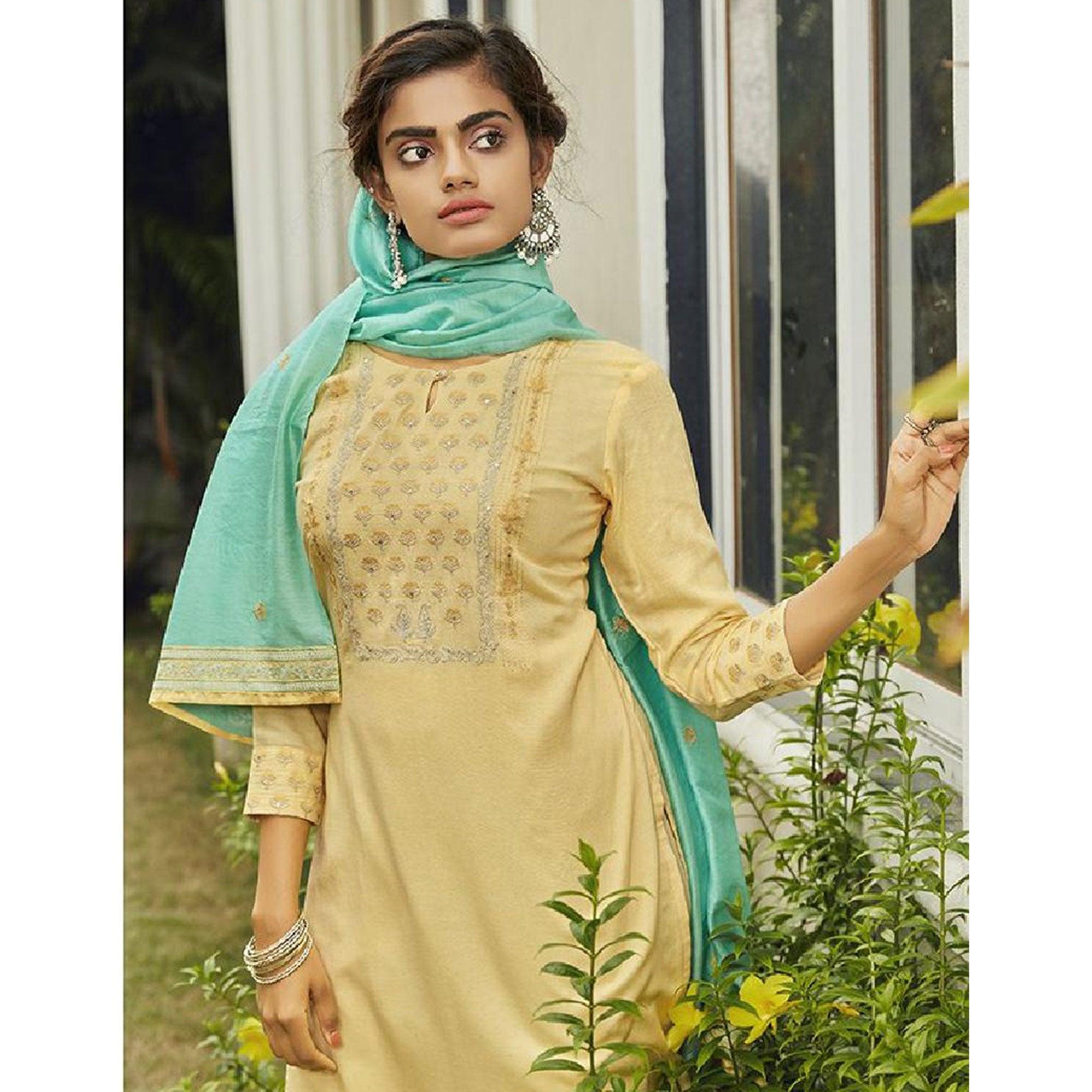 Lovely Light Yellow Colored Partywear Embroidered Rayon Kurti - Pant Set With Dupatta - Peachmode