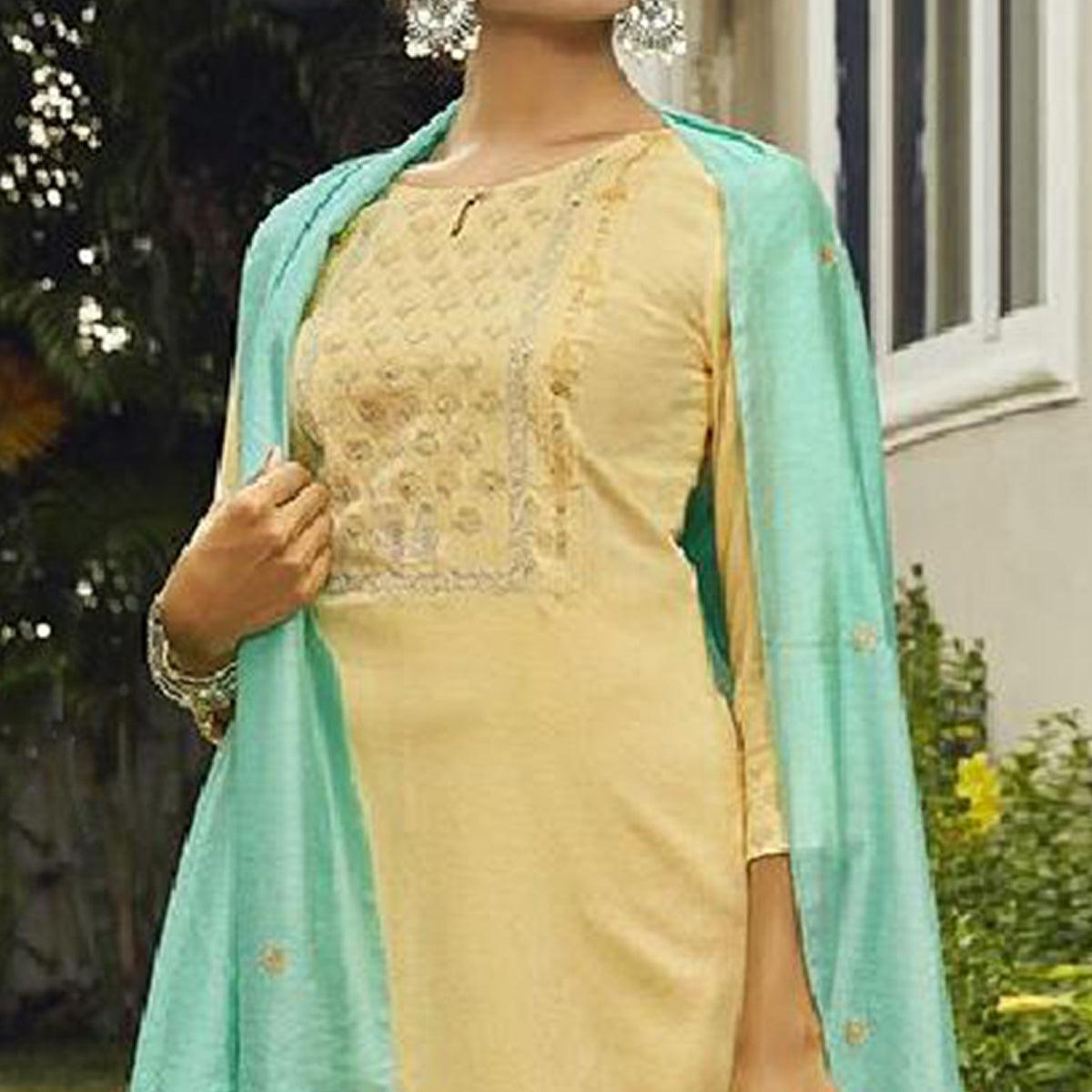 Lovely Light Yellow Colored Partywear Embroidered Rayon Kurti - Pant Set With Dupatta - Peachmode