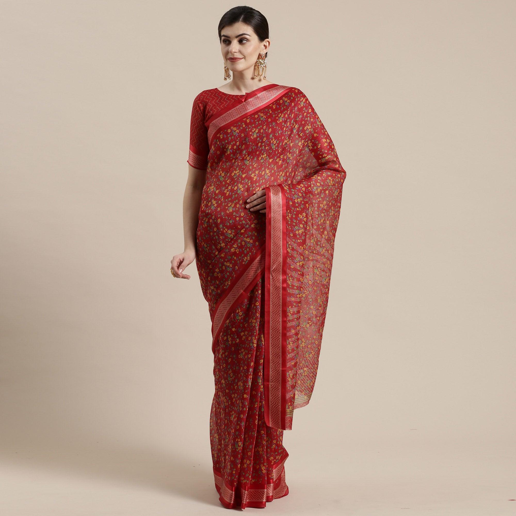 Lovely Maroon Colored Casual Wear Floral Printed Cotton Silk Saree - Peachmode