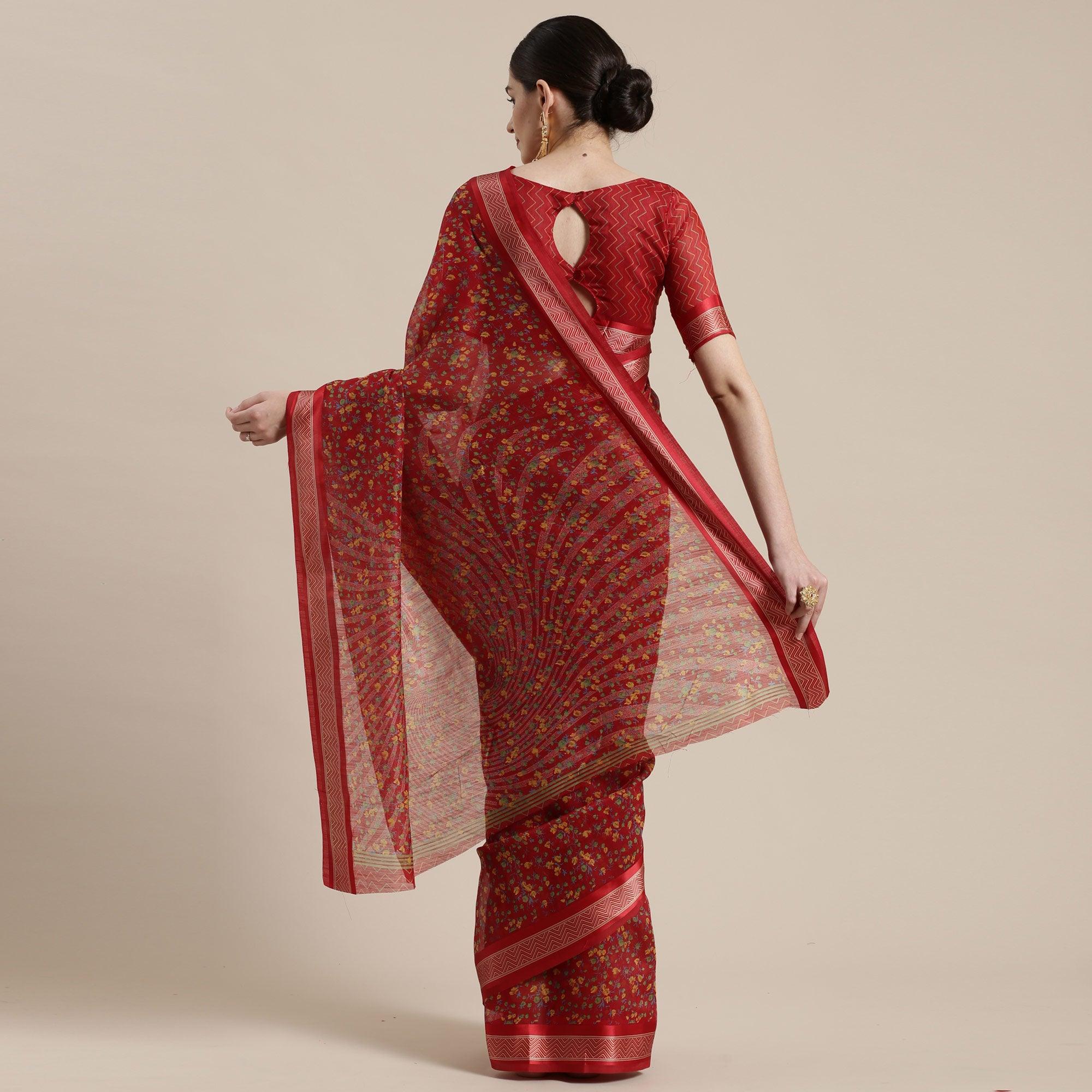 Lovely Maroon Colored Casual Wear Floral Printed Cotton Silk Saree - Peachmode