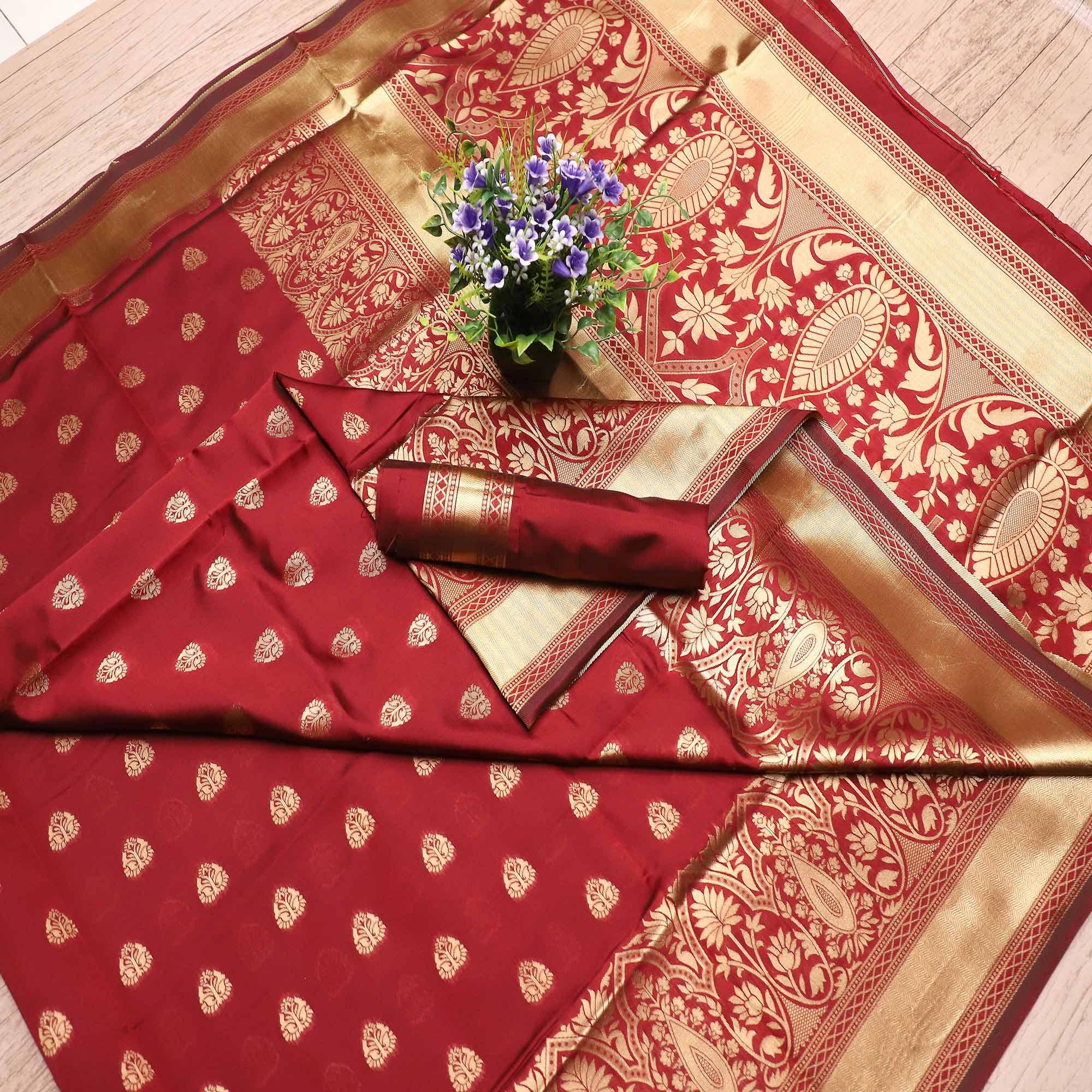 Lovely Maroon Colored Festive Wear Woven Banarasi Silk Saree - Peachmode