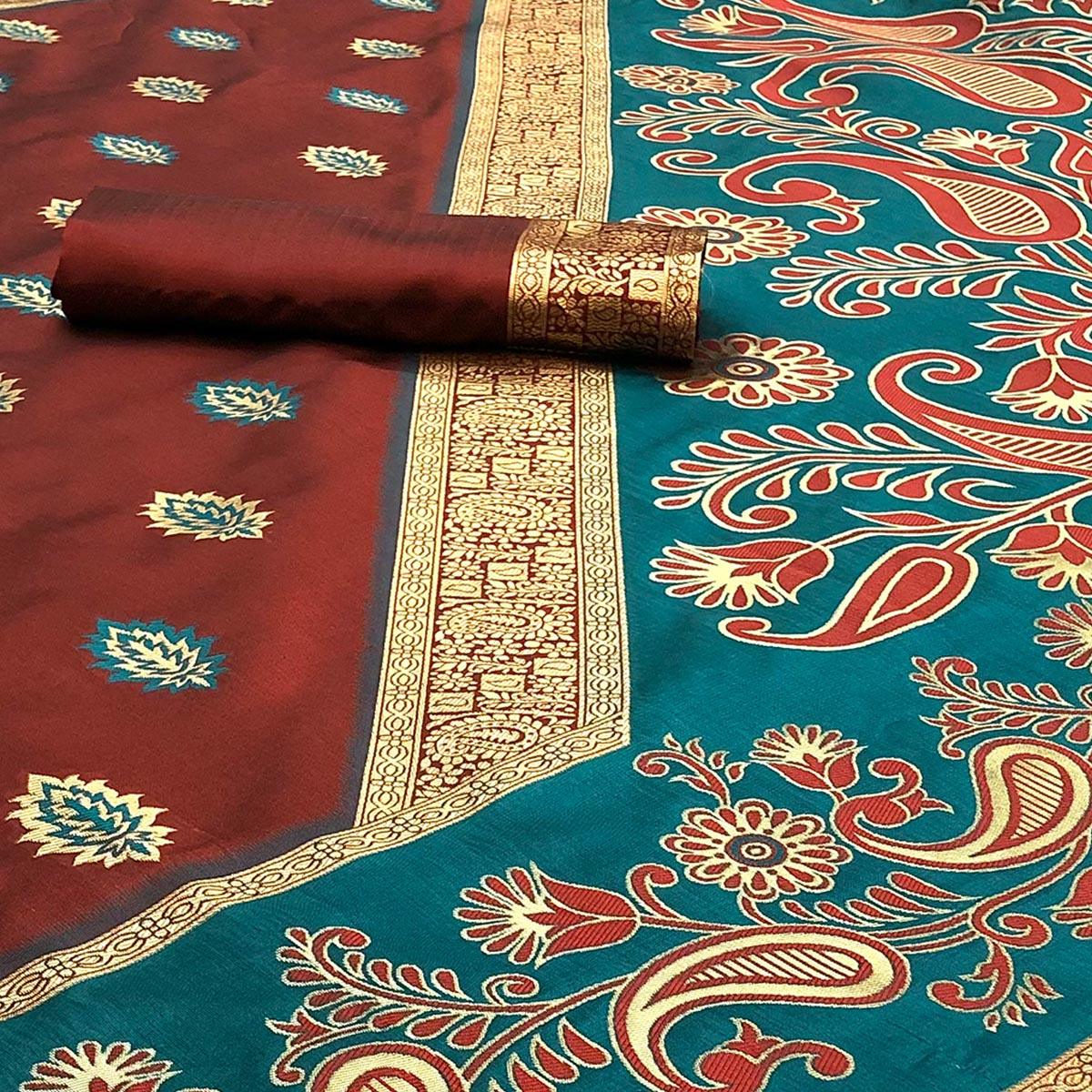 Lovely Maroon Coloured Party Wear Meenakri Multi Thread Weaving Heavy Banarasi Saree - Peachmode