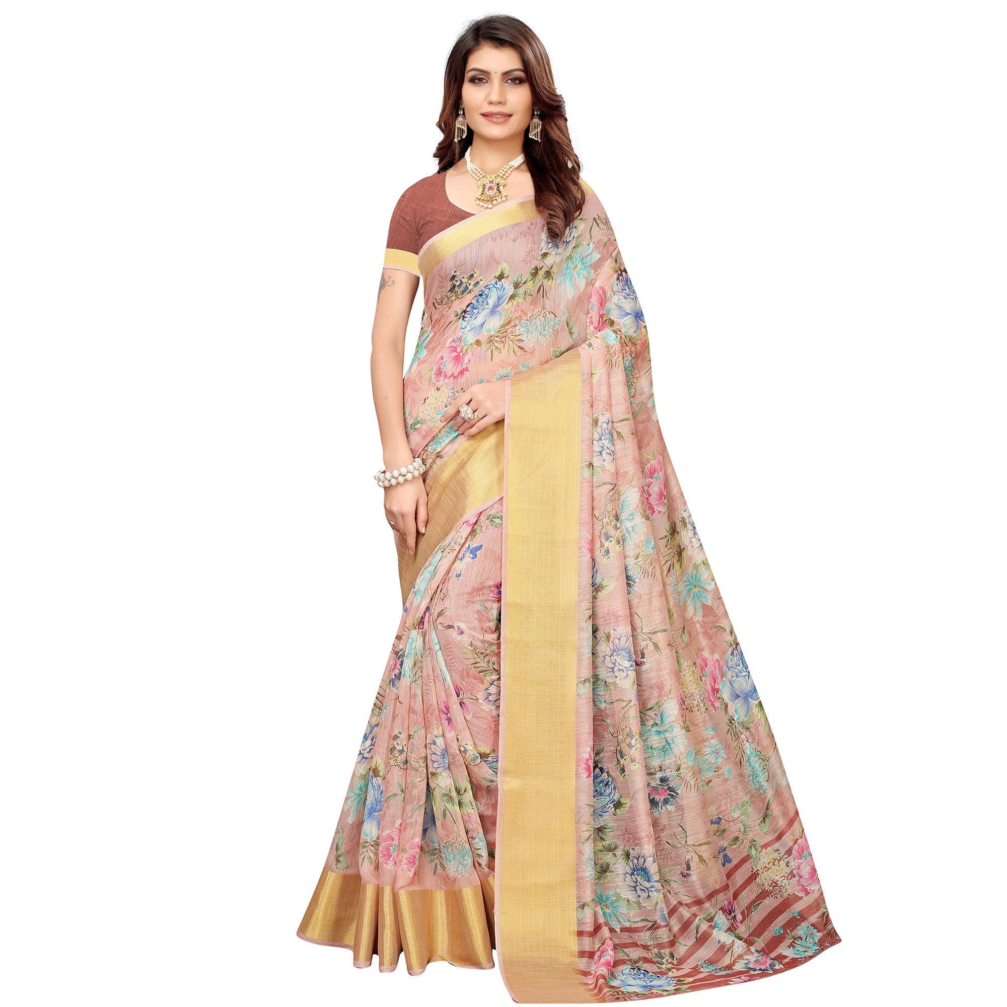 Lovely Mauve Festive Wear Floral Printed Semi Linen Jari Border Printed Saree - Peachmode