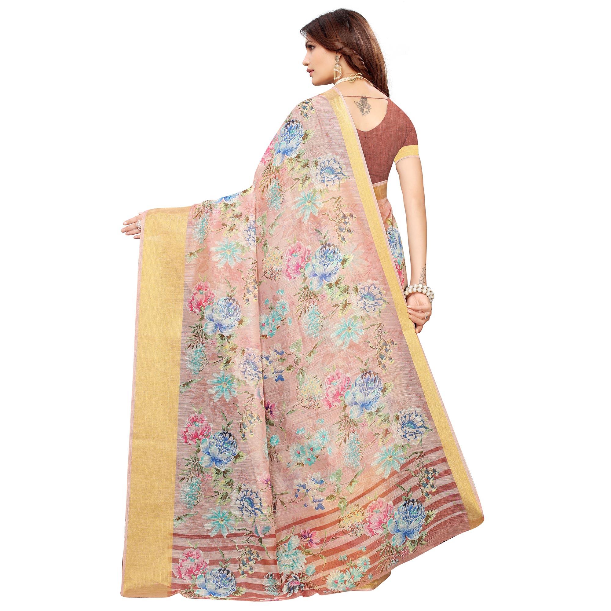 Lovely Mauve Festive Wear Floral Printed Semi Linen Jari Border Printed Saree - Peachmode