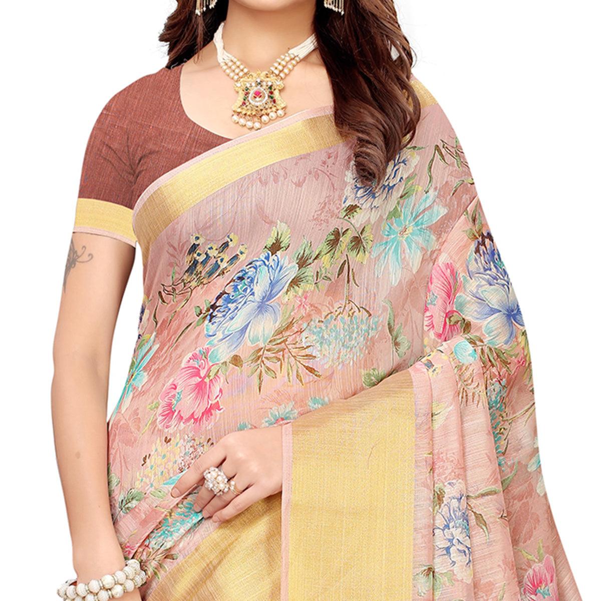 Lovely Mauve Festive Wear Floral Printed Semi Linen Jari Border Printed Saree - Peachmode