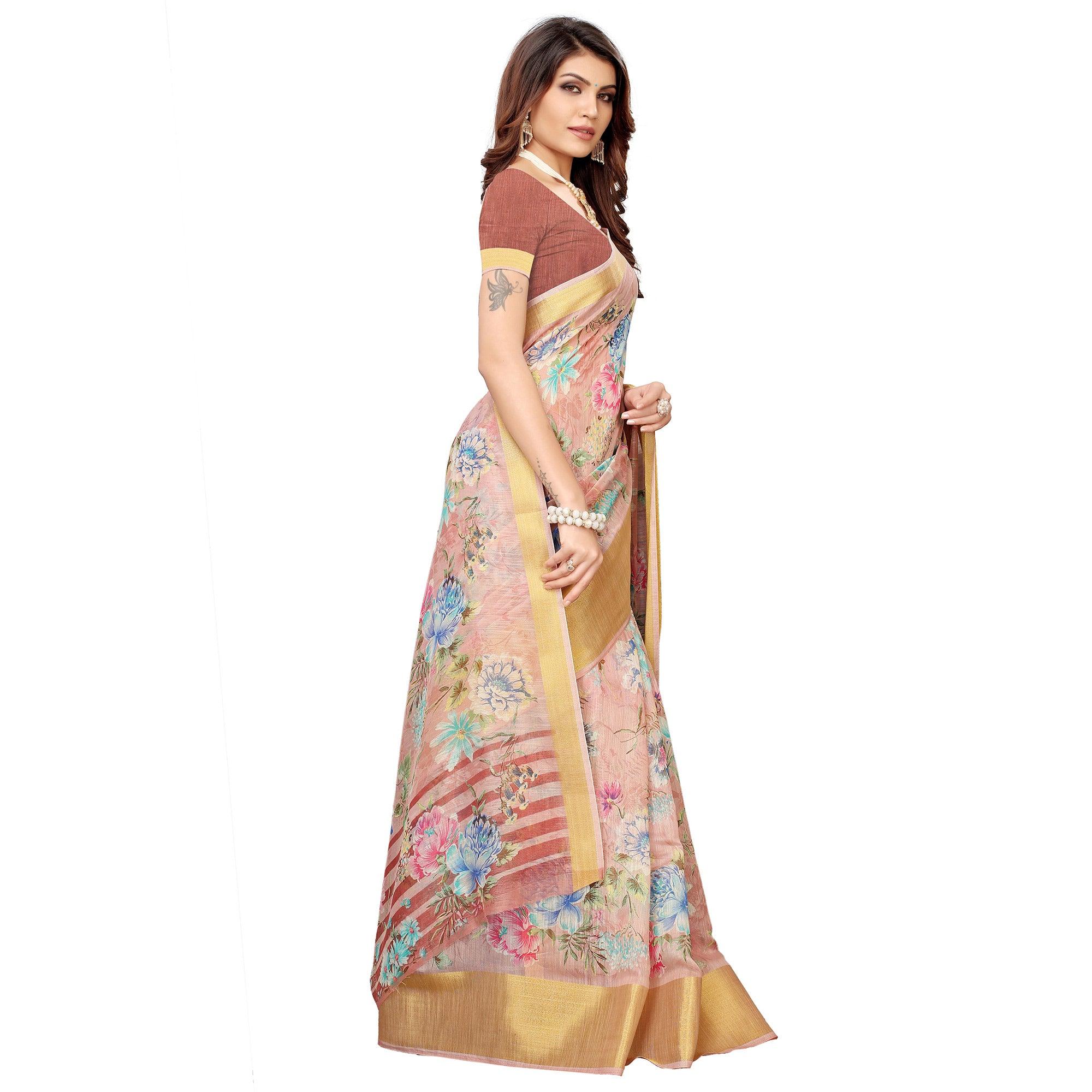 Lovely Mauve Festive Wear Floral Printed Semi Linen Jari Border Printed Saree - Peachmode