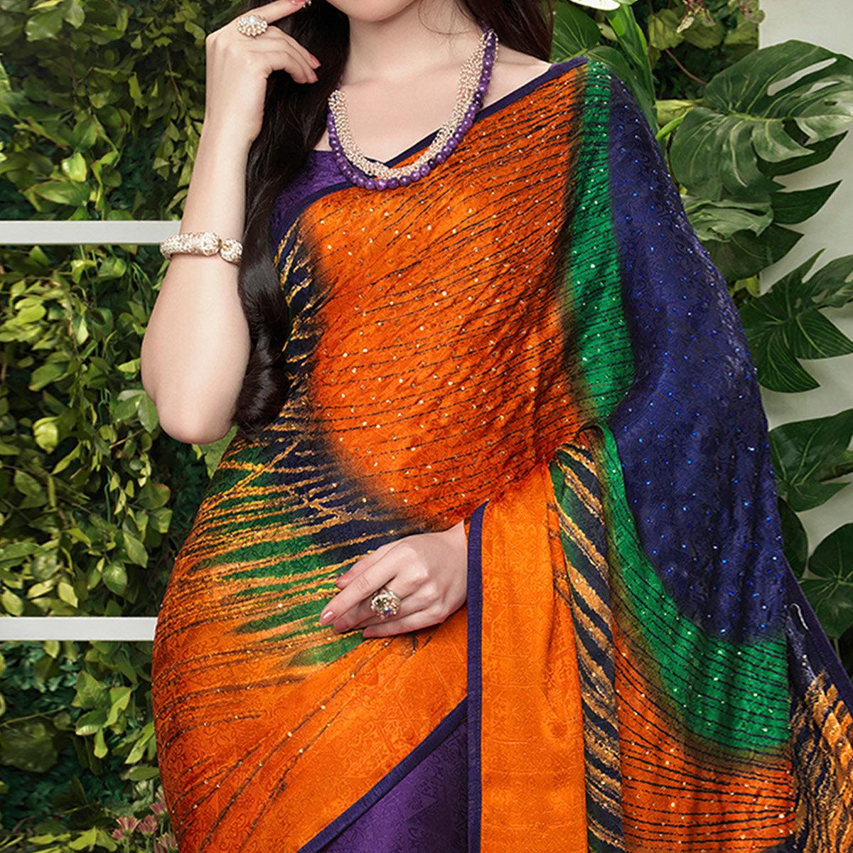 Lovely Multi Colored Party Wear Printed Silk Crepe Saree - Peachmode