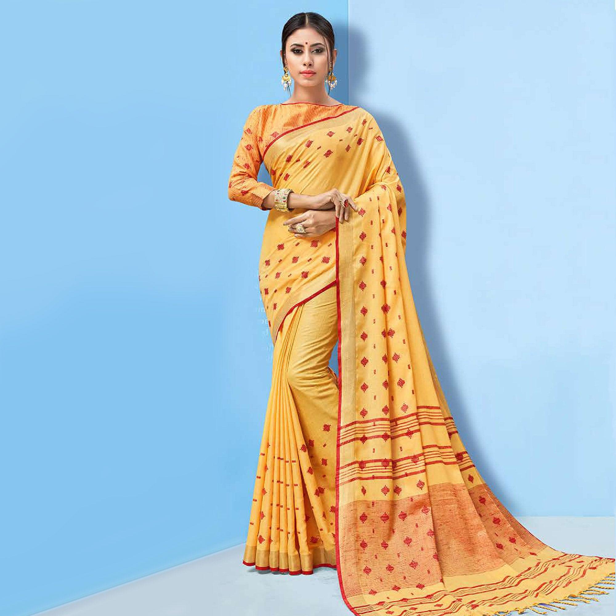 Lovely Mustard Yellow Colored Partywear Printed Linen Cotton Saree - Peachmode