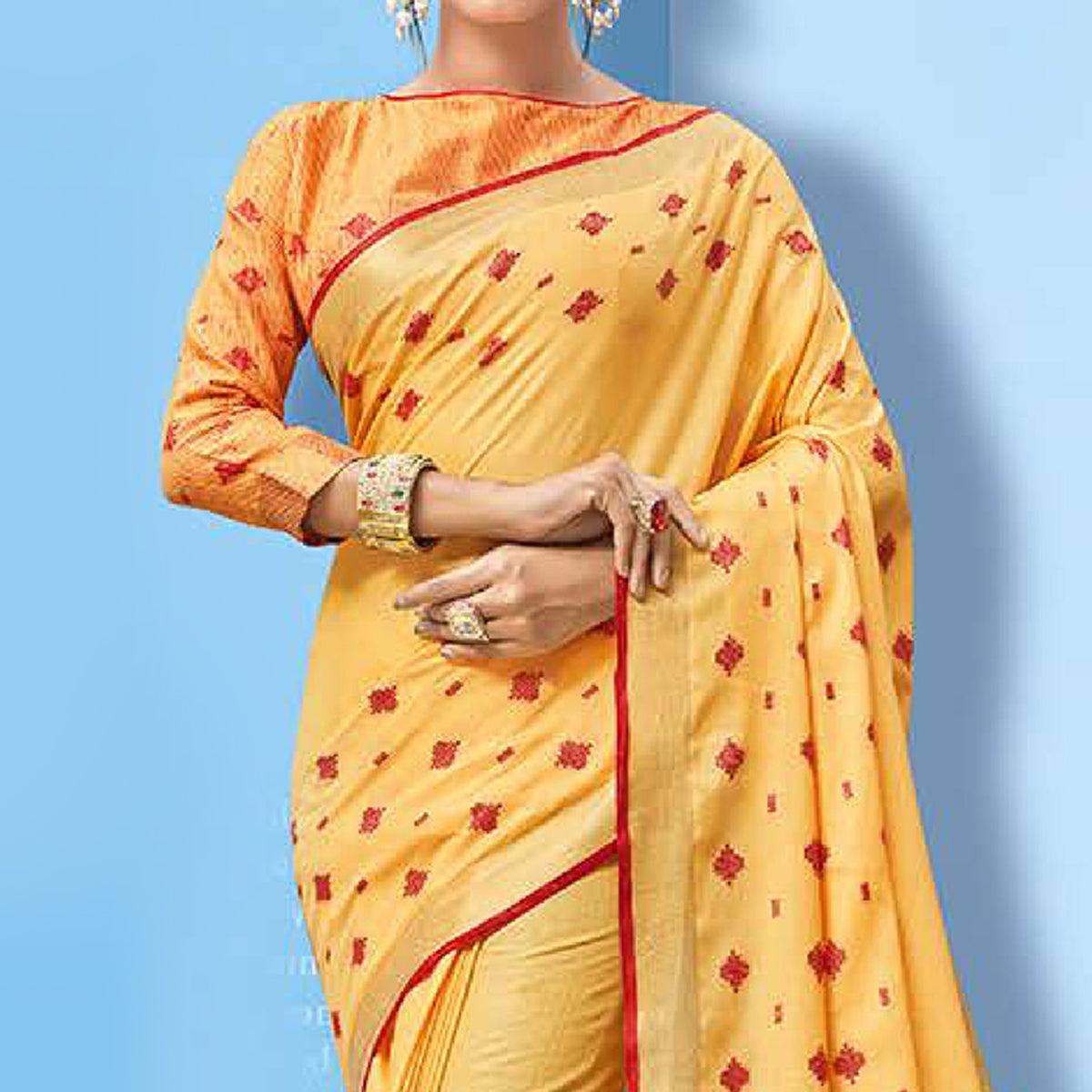Lovely Mustard Yellow Colored Partywear Printed Linen Cotton Saree - Peachmode