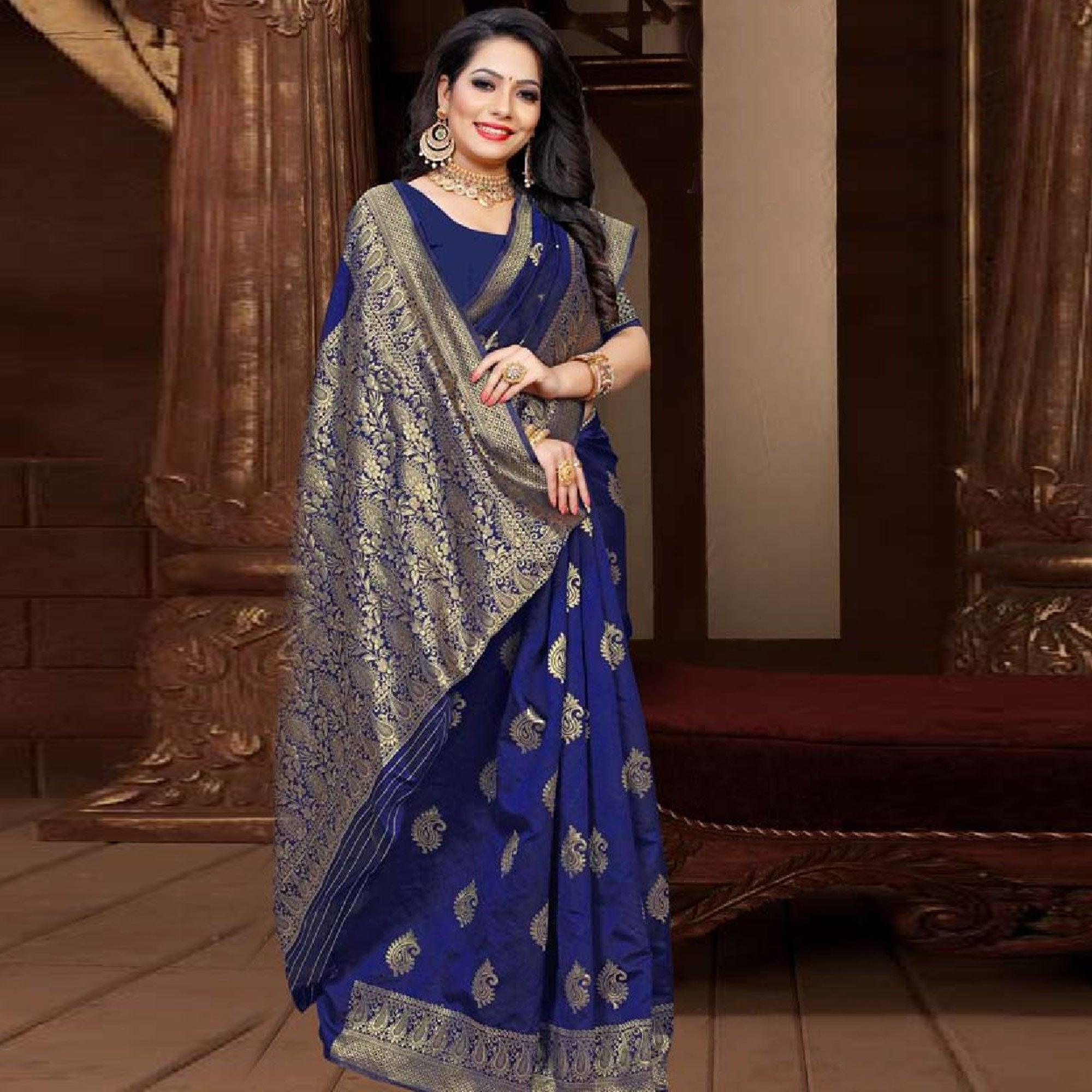 Lovely Navy Blue Colored Festive Wear Woven Art Silk Saree - Peachmode
