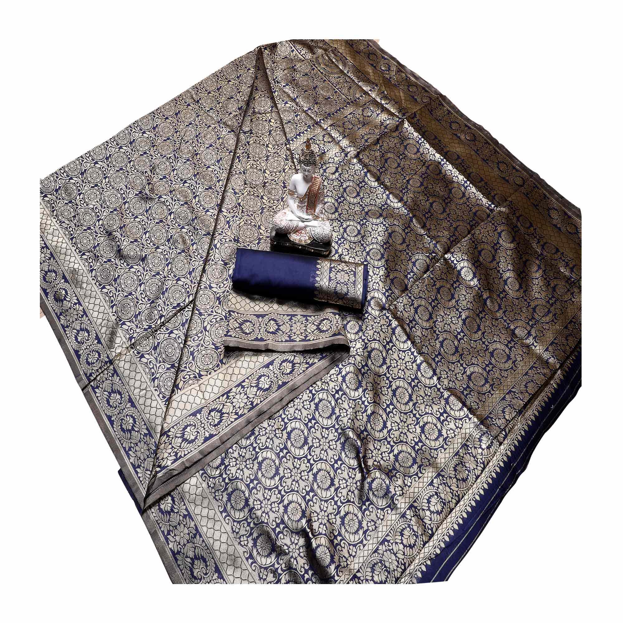Lovely Navy Blue Colored Festive Wear Woven Banarasi Silk Saree - Peachmode